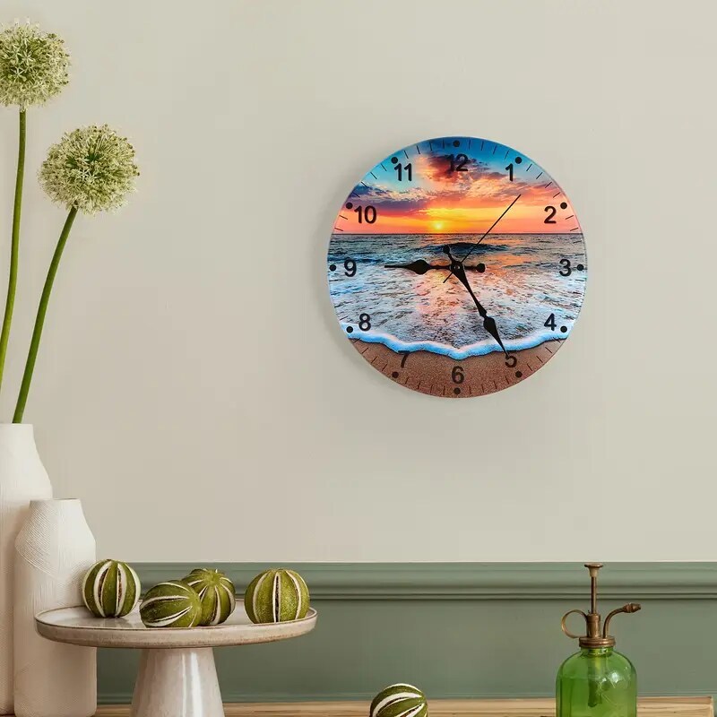 12-Inch Beach-Themed Blue Glass Wall Clock – Frameless Silent Battery Operated, Tempered Glass Design with Analog Display (1x AA Battery Required)