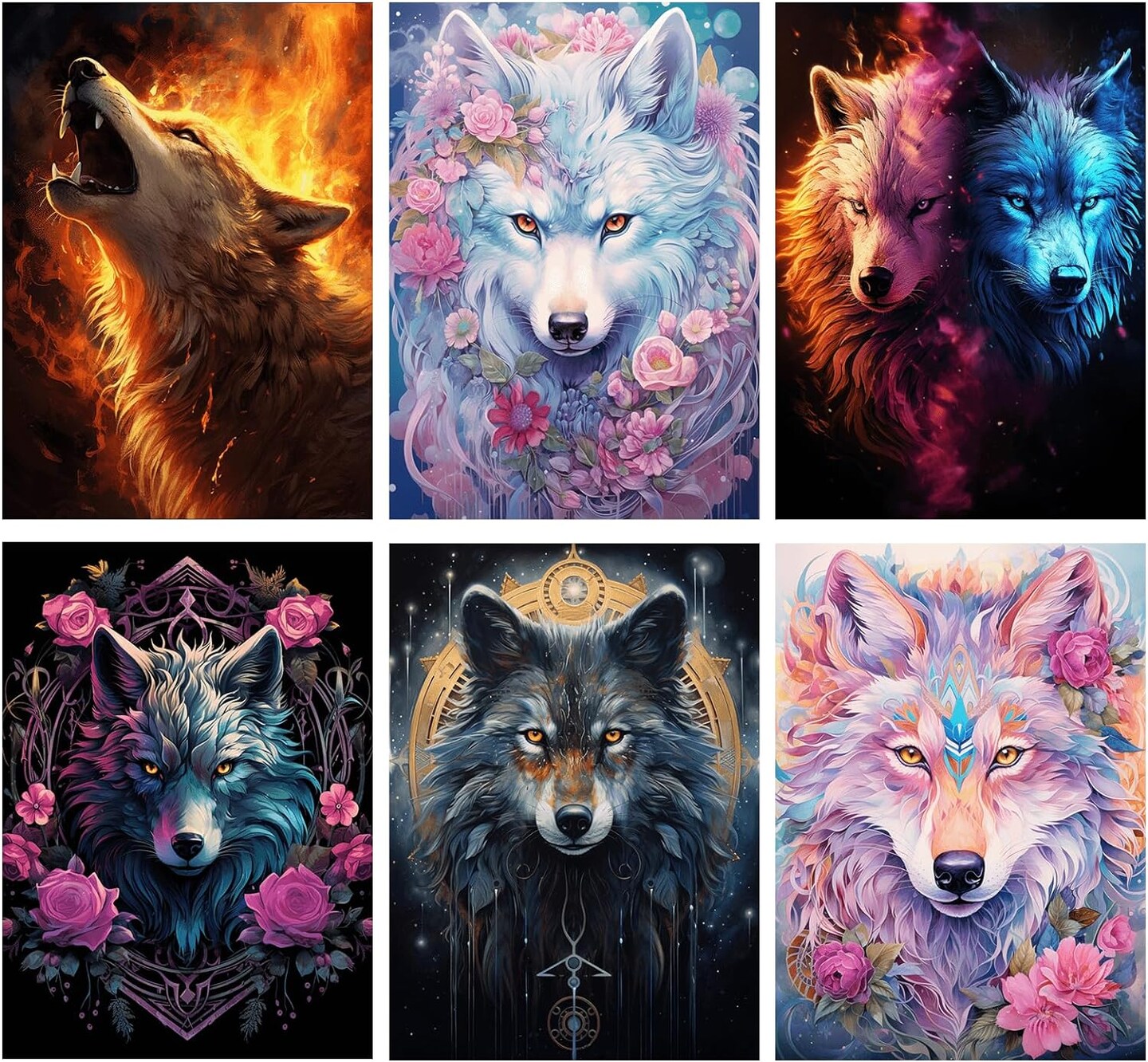 6 Pack Wolf Diamond Art Painting Kits for Adults 5D Diamond Art Kit for Beginners DIY Paint with Round Full Drill Gem Art Painting for Home Wall Decor (11.8x15.7inch)