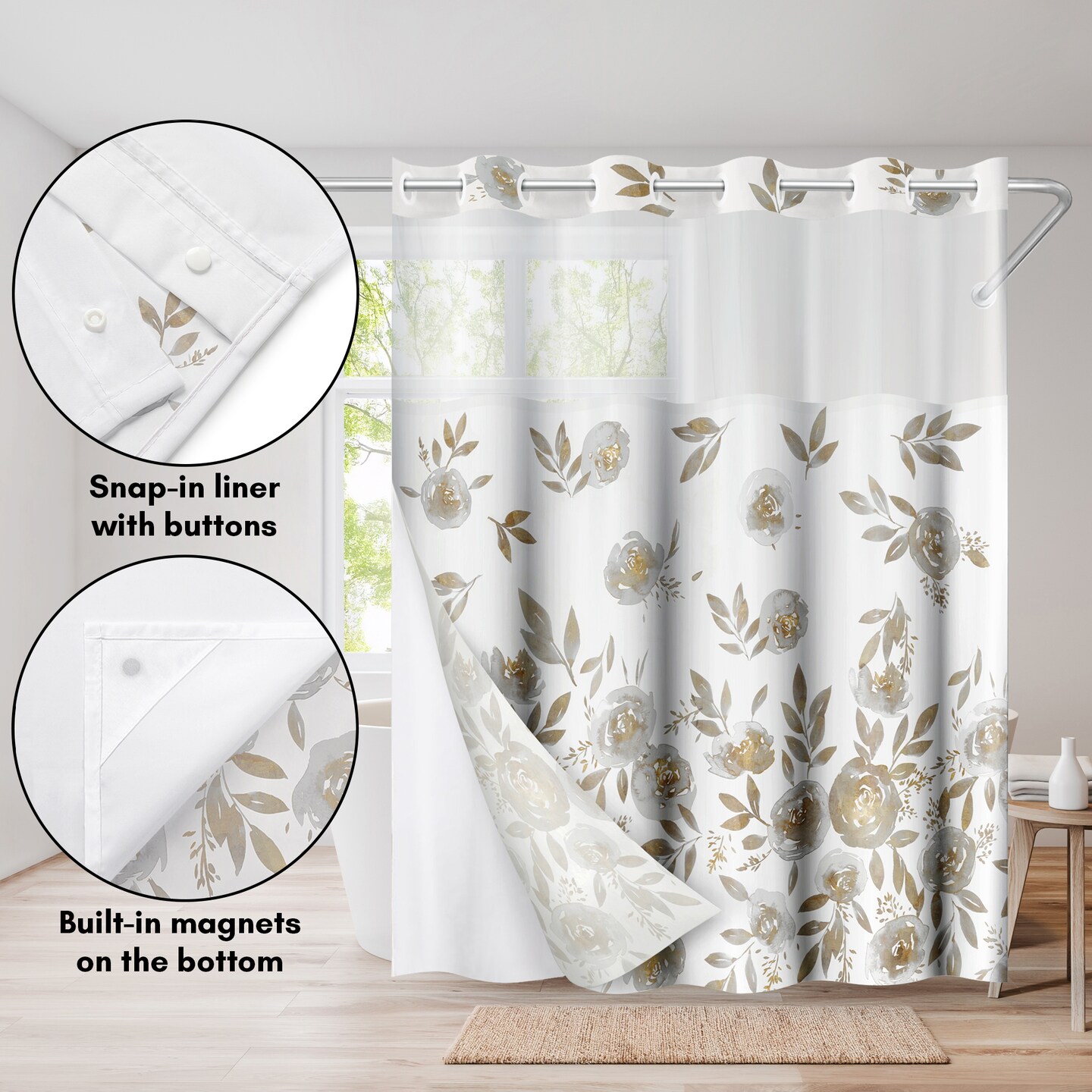 Americanflat 72x75 Hookless Shower Curtain - Floral Gold Grey Shower Curtain with Sheer Panel, Snap-In Liner, and Grommets - 100% Polyester