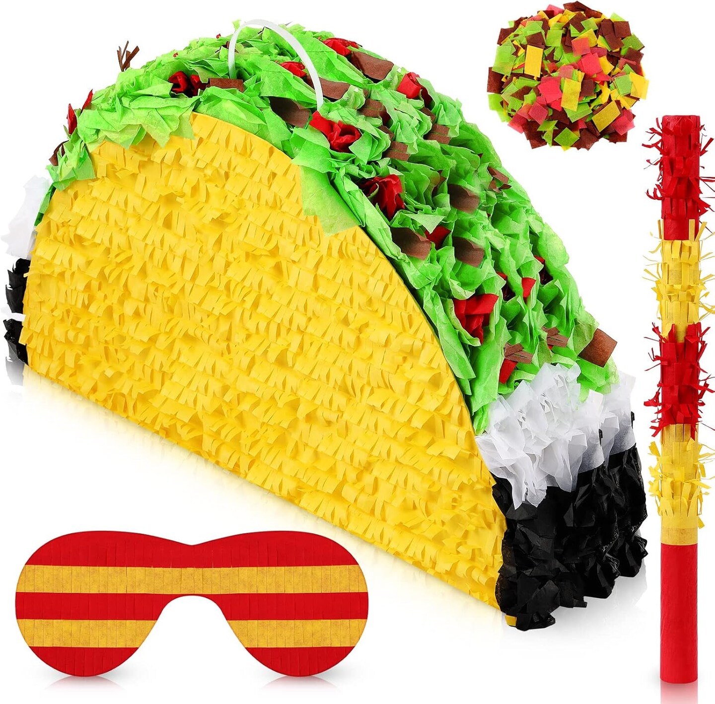 Mini Taco Pi&#xF1;ata Mexican Decorations Taco Party Supplies Fiesta Cinco De Mayo Party Decorations with Wooden Stick Paper Blindfold Confetti Set for Adults Girls and Boys, 15.8x 10.3 x 2.8 Inch