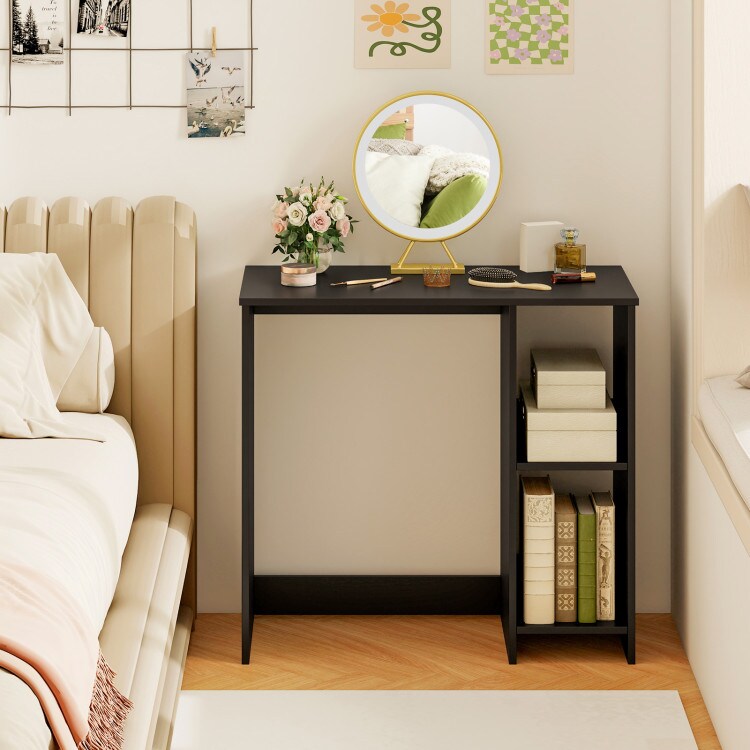31.5 Inch Modern Black Wooden Laptop Desk with 2-Tier Storage Shelf for Small Home Office