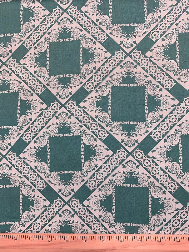Green and White Lace Look Print Rayon Challis Fabric By the Yard