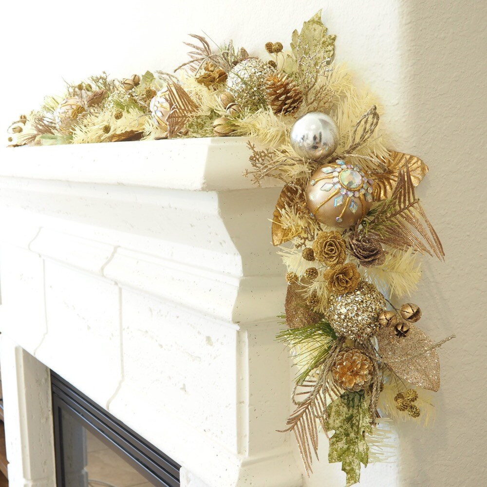 Sage Green Gold with Mini Wood Rose Garland - Handcrafted Holiday Elegance - Holiday Tree