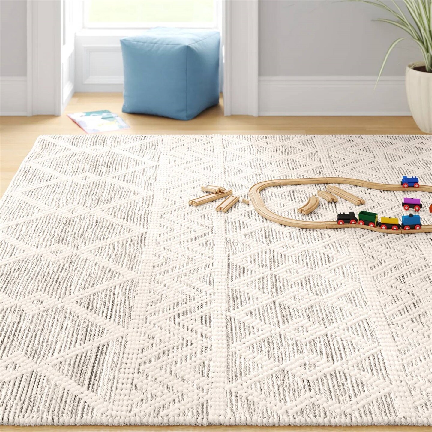 Grey-Ivory-Beige Wool-Polyester Persian Area Rug Handmade