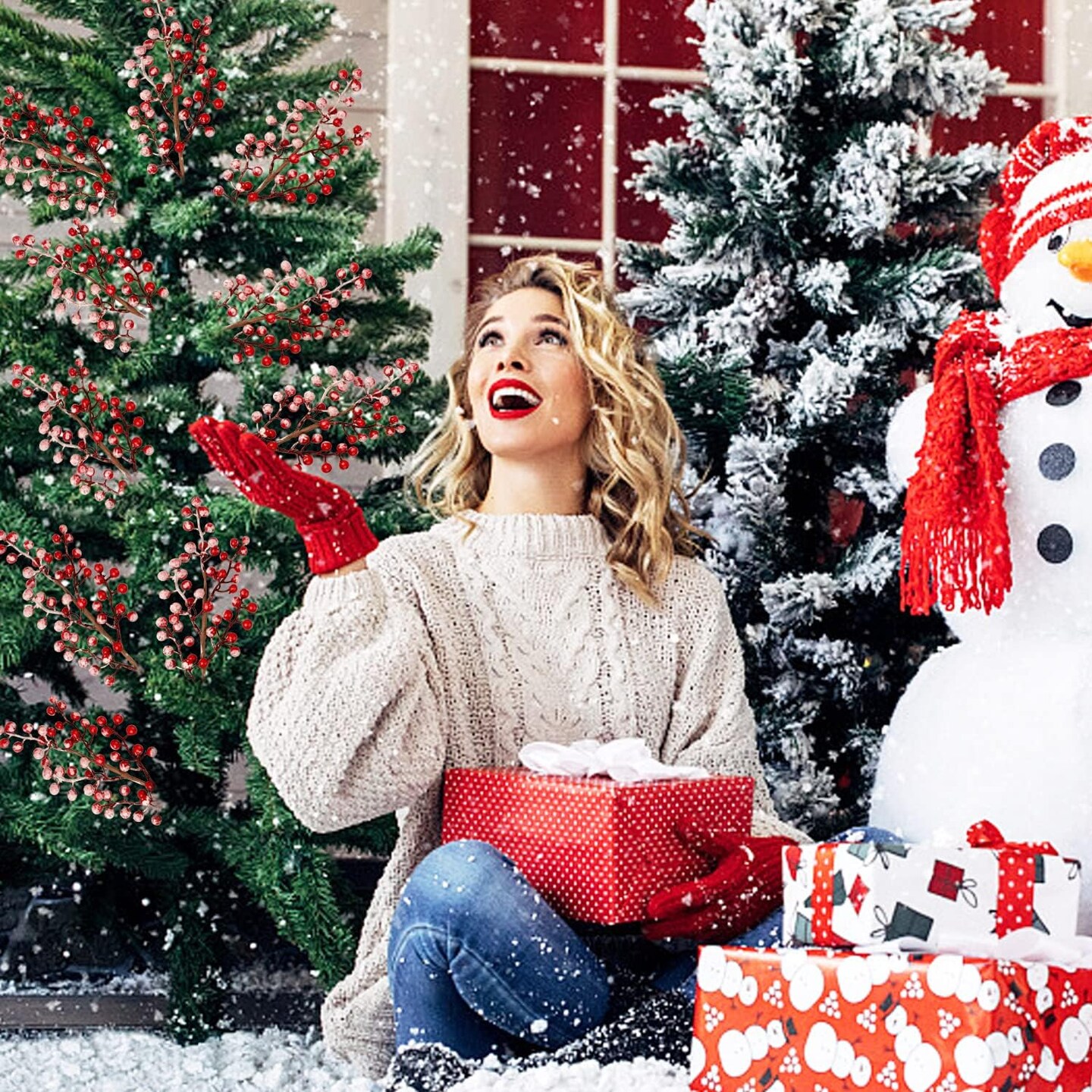 10 Pack Christmas Red Berry Stems(Red -Snowy)