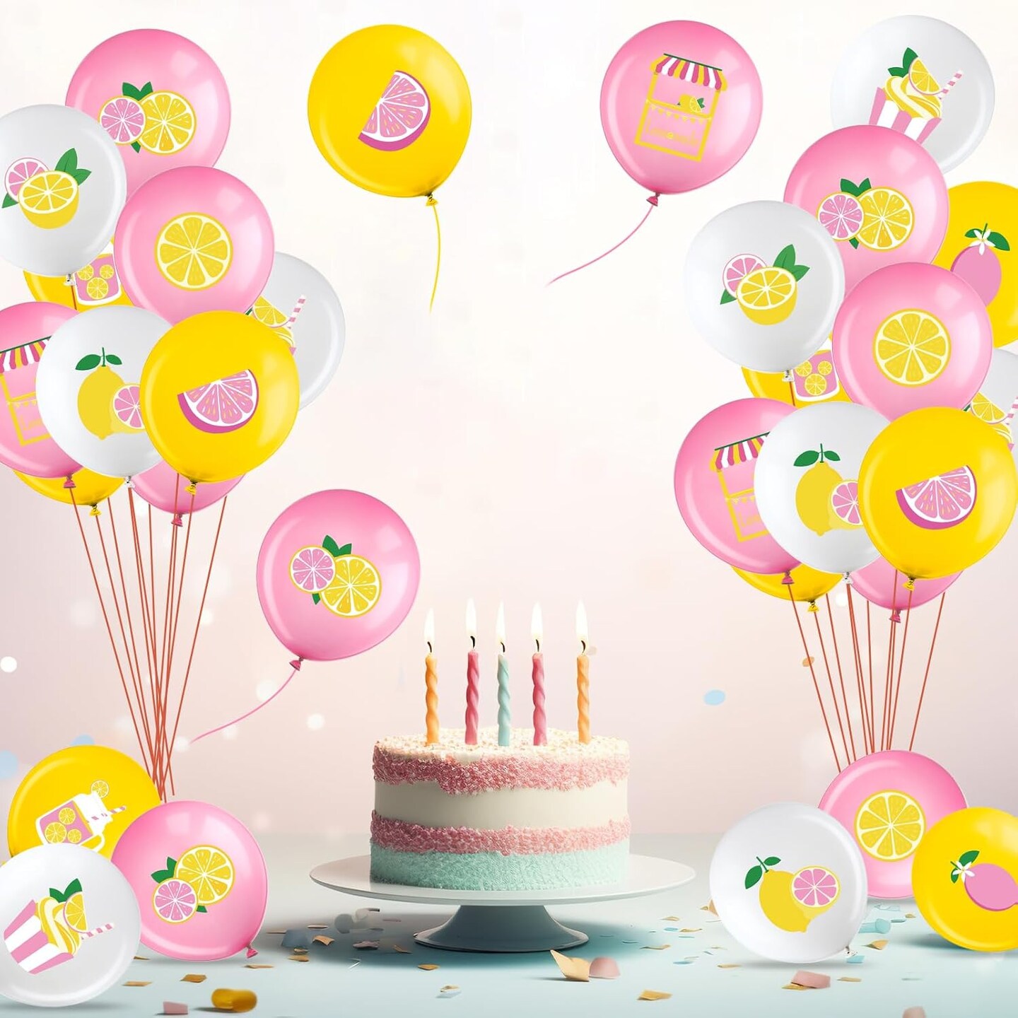 Yellow Pink and White Lemon Citrus Latex Balloons(White, Pink, Yellow)