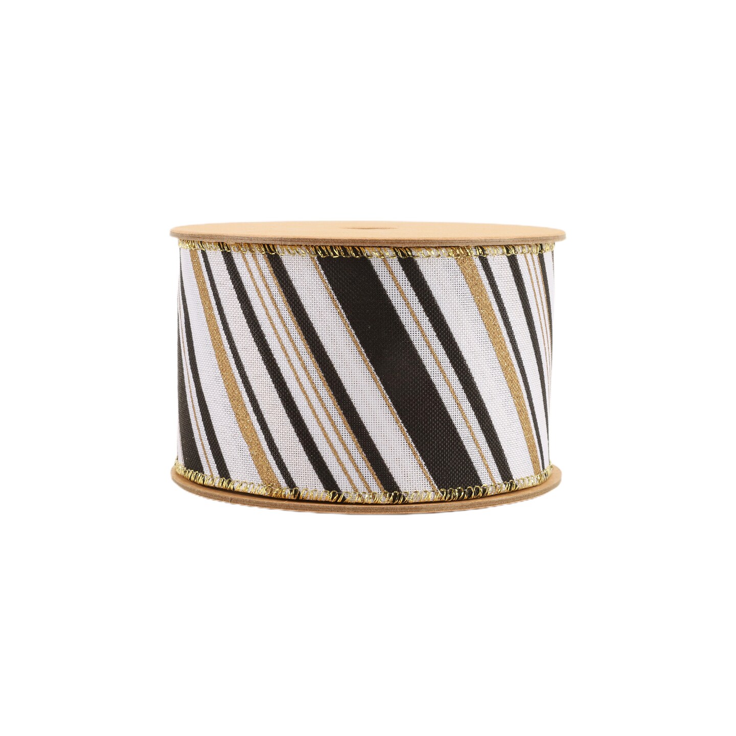 LaRibbons 2 1/2" - 1 1/2" Faux Linen Wired Ribbon | w/ Black & White & Gold Stamping Twill Stripe | 10 Yard Roll