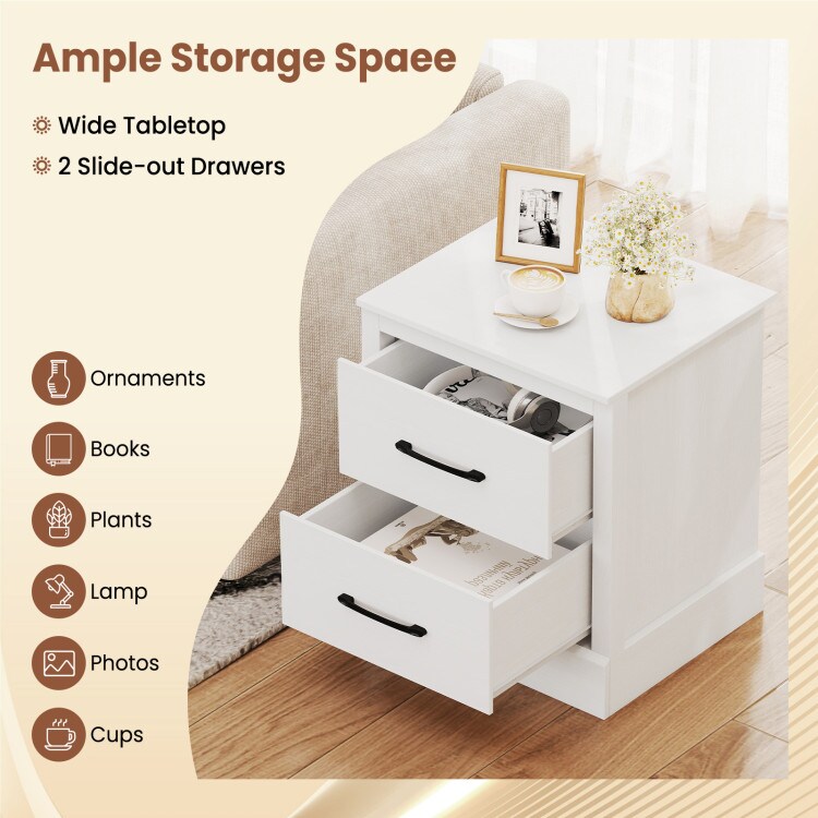White Engineered Wood Nightstand 2-Drawer Farmhouse End Table