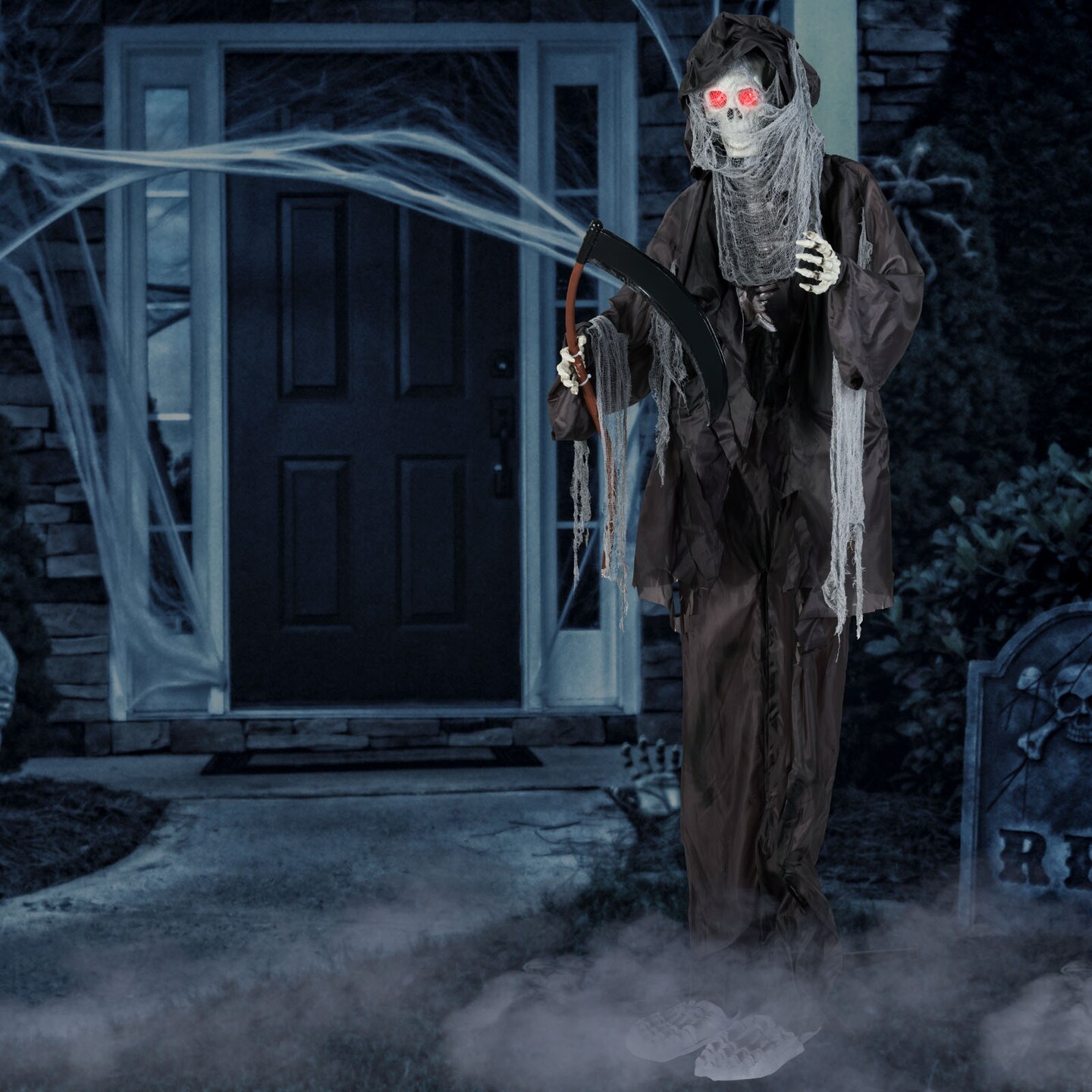8.5 ft Standing Halloween Grim Reaper Decoration with Sound-Activated Eyes and Movable Arms