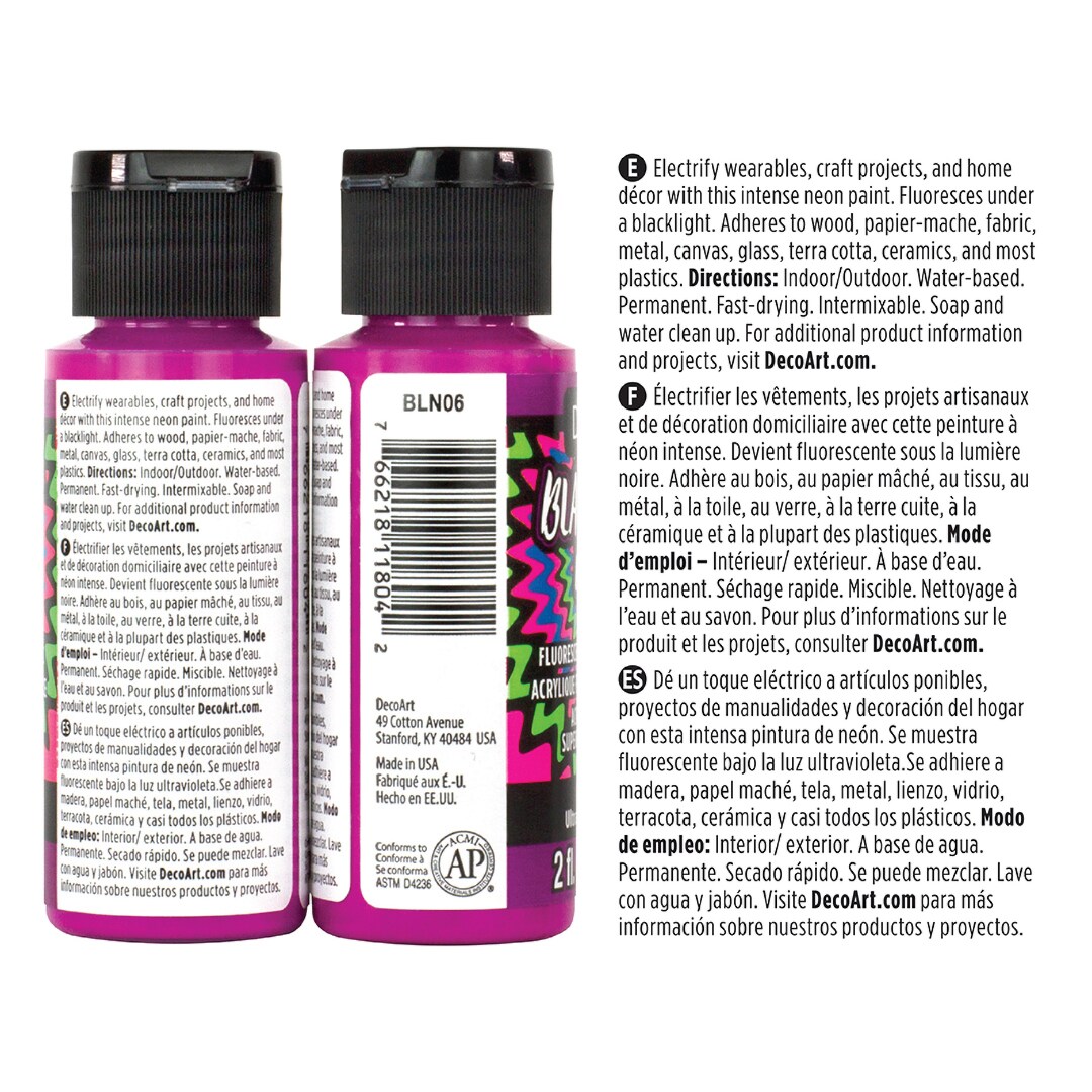 DecoArt Black Light Neon Acrylic Paint Set – Fluorescent UV Reactive Acrylic for Craft, Art, DIY & Party Projects - 6, 2 oz Bottles