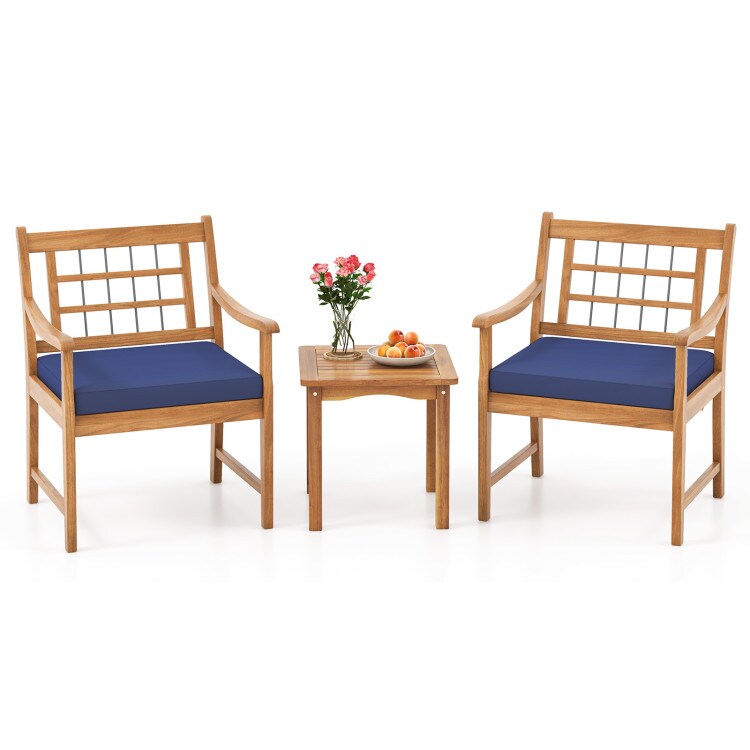 3-Piece Outdoor Furniture Set with Natural Wood Finish and Cushioned Chairs Included Coffee Table