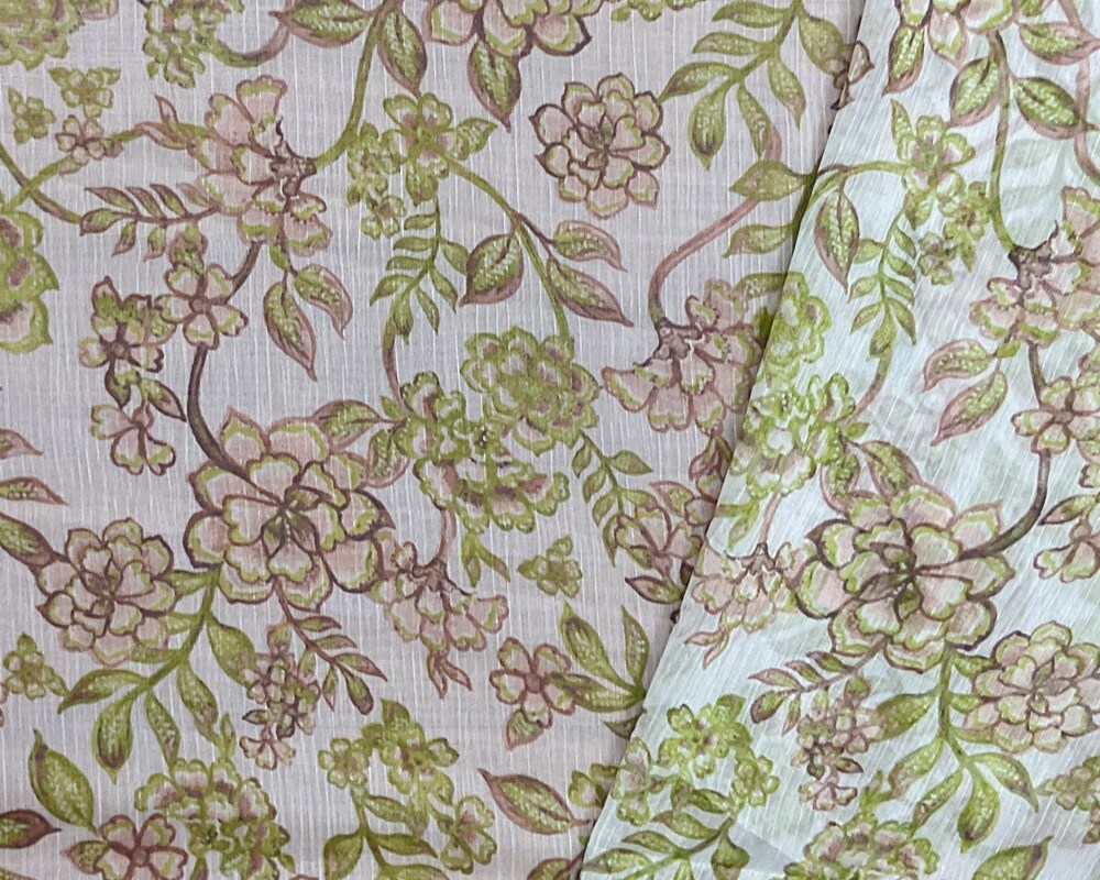 Green-White-Multi Poly Floral Printed Crinkle Yoryu Chiffon Woven Fabric By the Yard