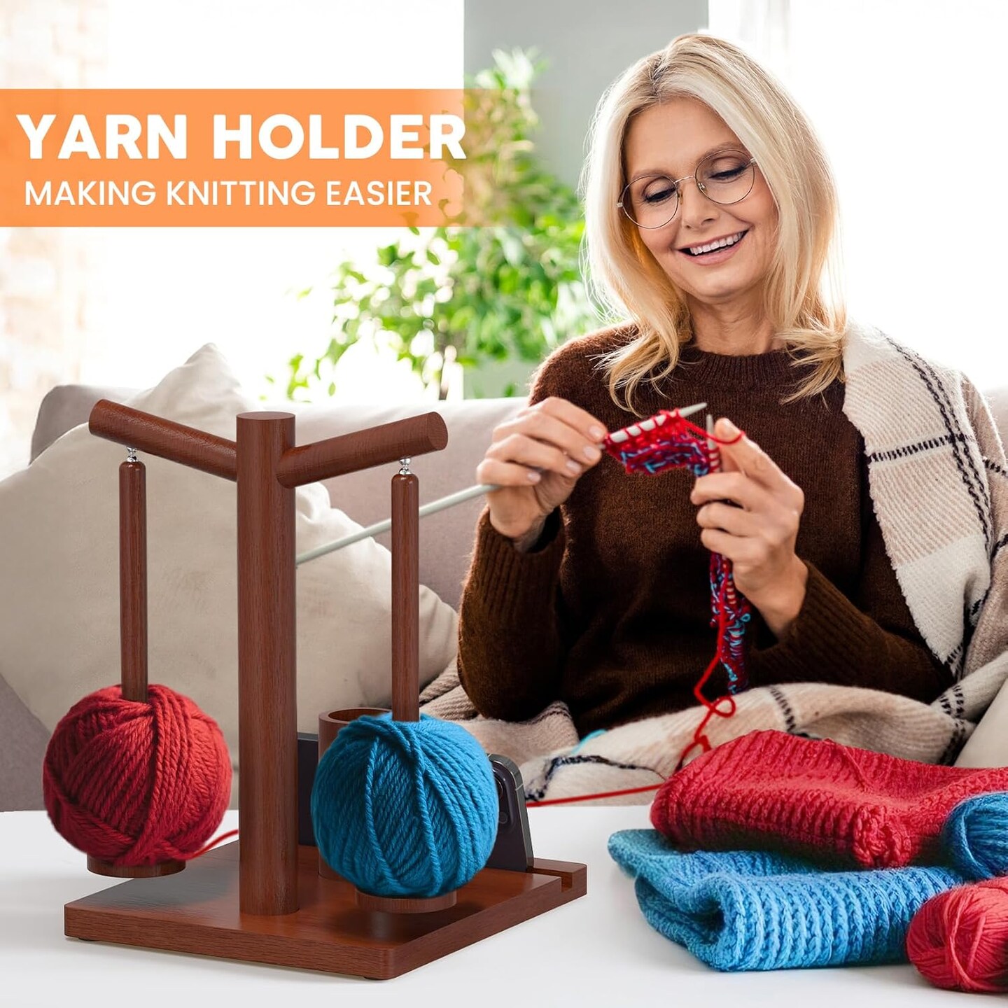 Upgraded Magnetic Rotating Yarn Spinner with 2 Spindles,Wooden Yarn Holder