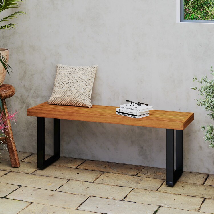 48" Rustic Acacia Wood Backless Bench with Sturdy Metal Legs for Dining or Entryway Seating