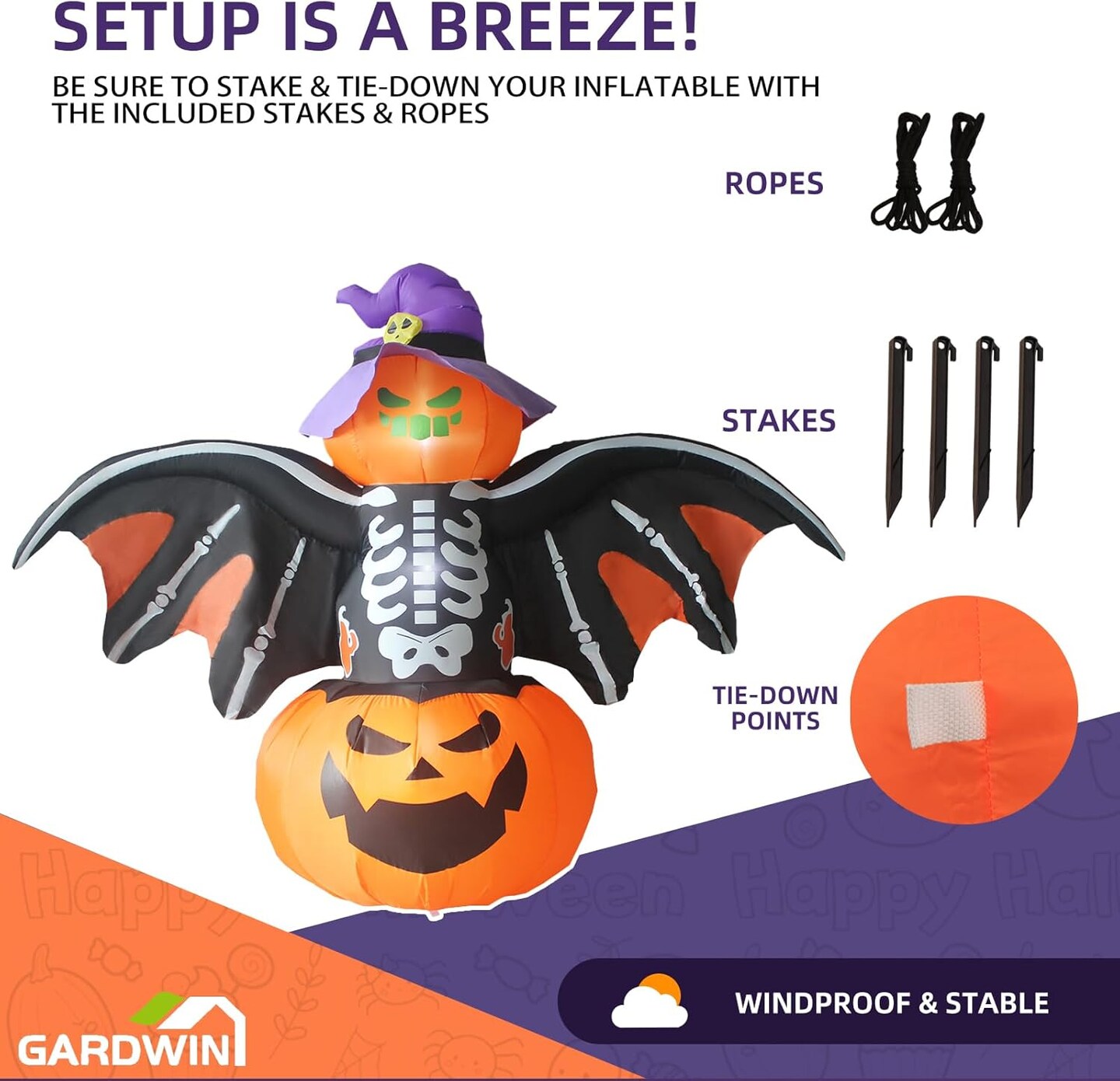 8FT Width Halloween Inflatable Bat Outdoor Decorations with LED Lights (black,yellow,purple)