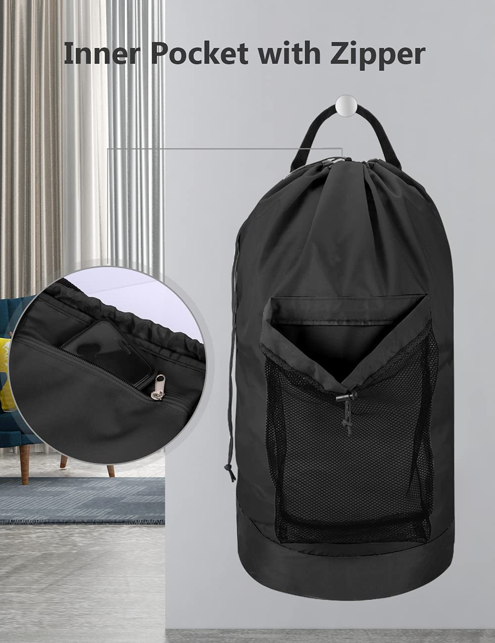 Backpack Laundry Bag, Laundry Backpack with Shoulder Straps and Mesh Pocket Durable Nylon Clothes Hamper Bag with Drawstring Closure for College, Travel, Laundromat, Apartment