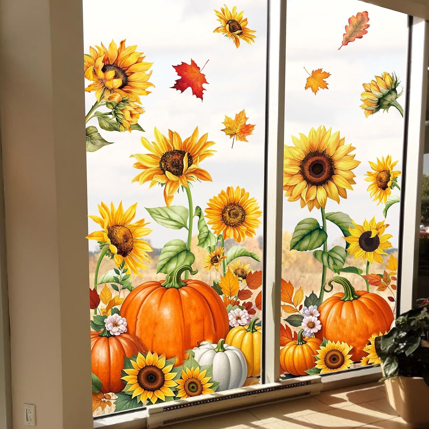 9 Sheets Fall Sunflower Window Clings Thanksgiving Pumpkin Leaves Window Stickers