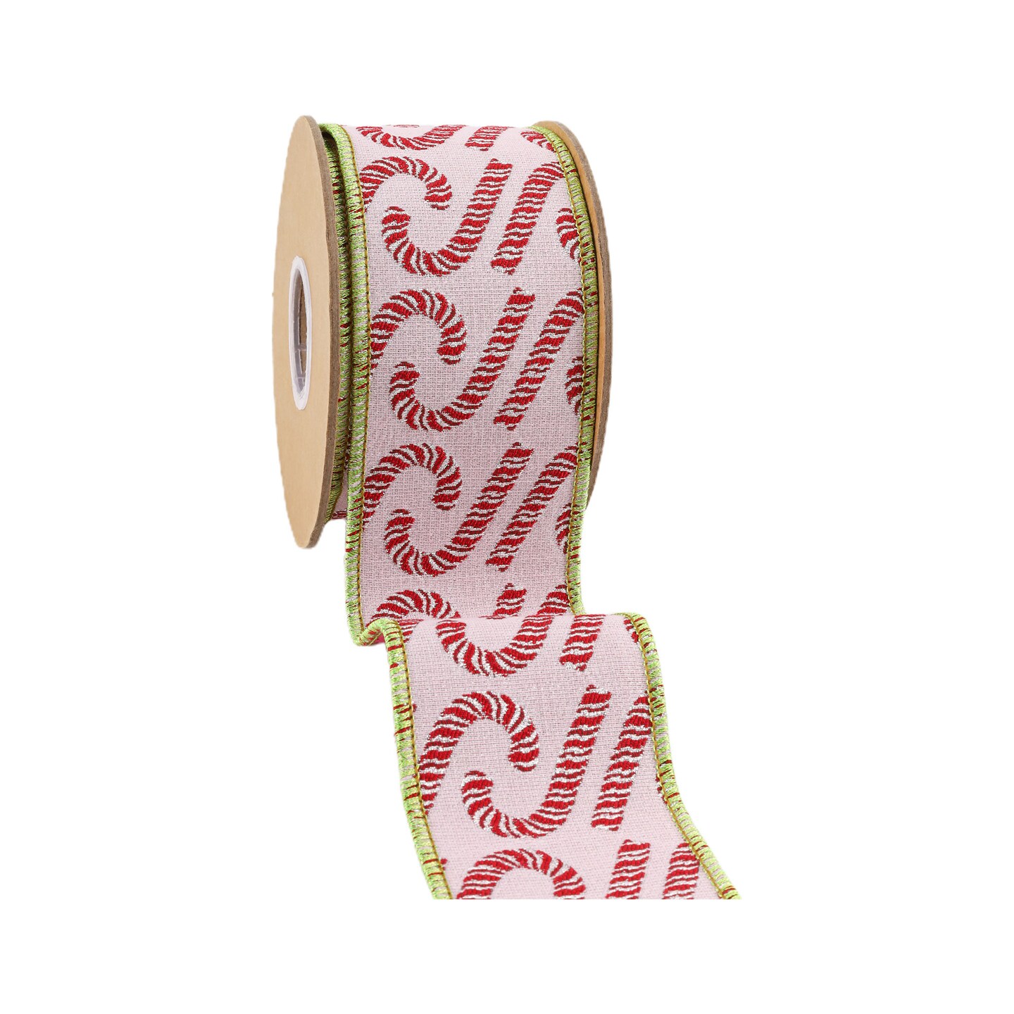 LaRibbons 4&#x22; - 2 1/2&#x22; Wired Jacquard Ribbon | Candy Cane on Pink w/ Dupioni Backing | 5 Yard Roll