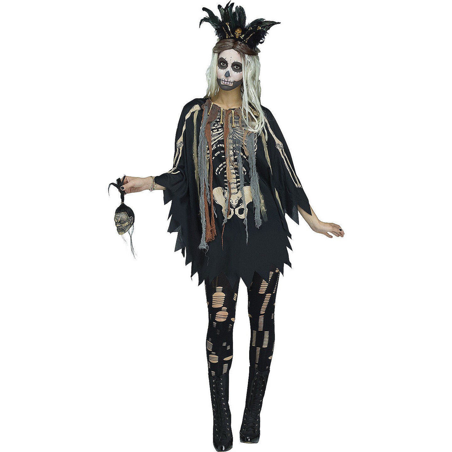 Adult Voodoo Poncho Costume Skeleton Print Torn Fabric Halloween Outfit