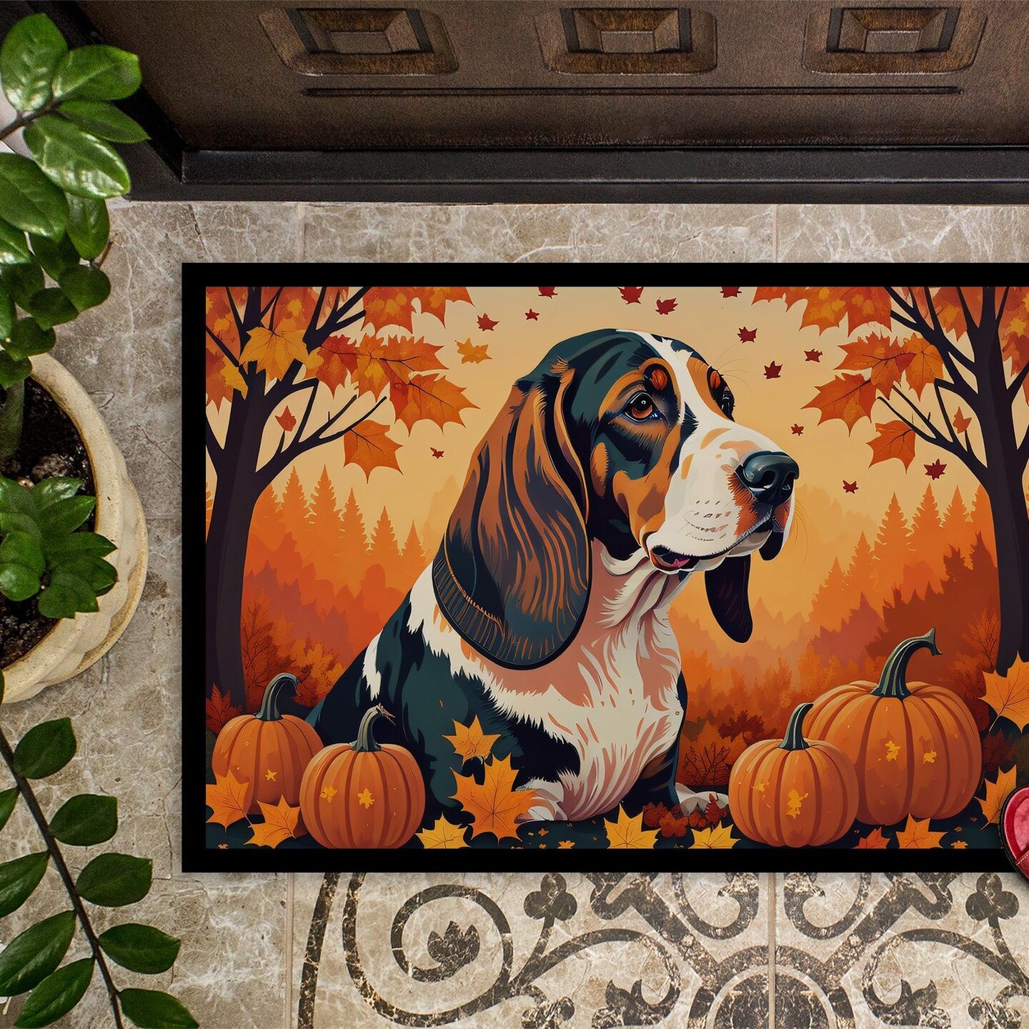 Edge Collections - 24" x 36" - Multicolor - Basset Hound Fall Doormat Indoor Outdoor Rug Non Slip Washable - 1 Piece