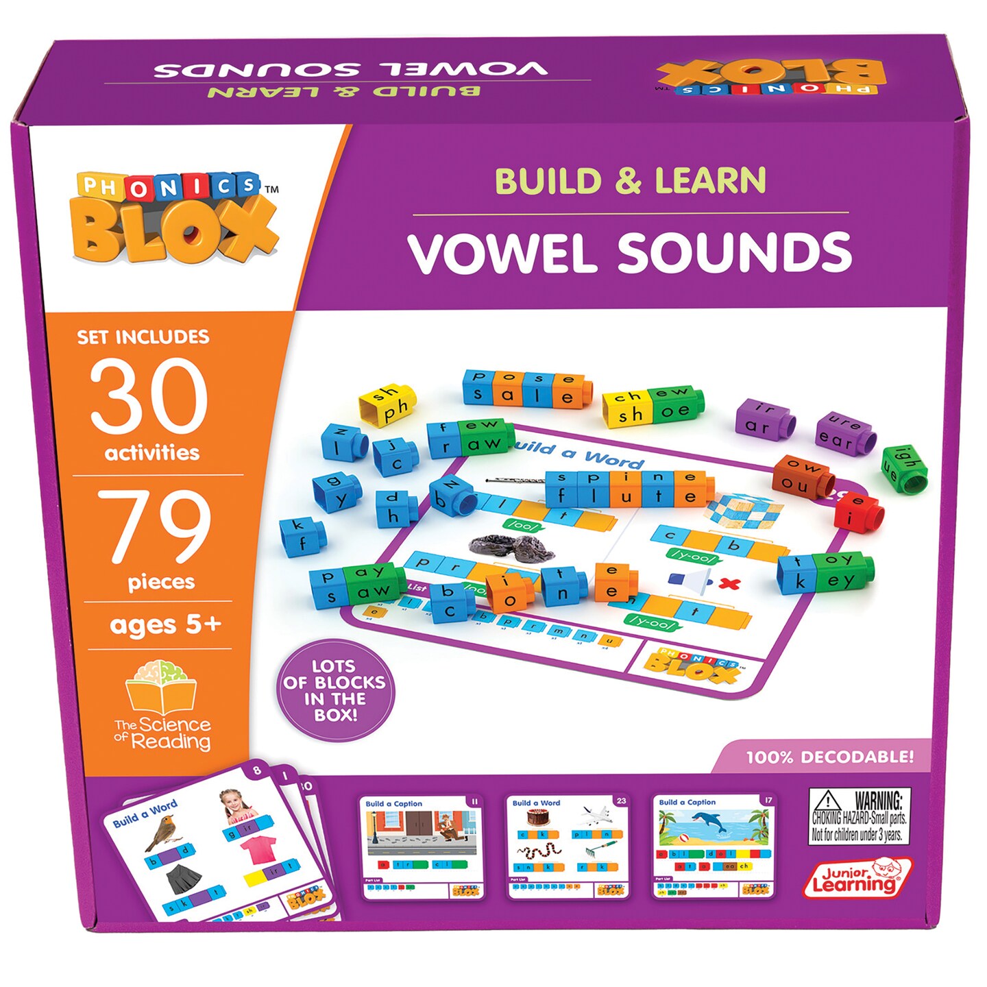 Junior Learning: Rainbow Phonics Blox: Vowel Sounds - Phase 5 - Build & Learn, 30 Activity Cards, Color Coded Blocks, Reading Development, Kids 5+
