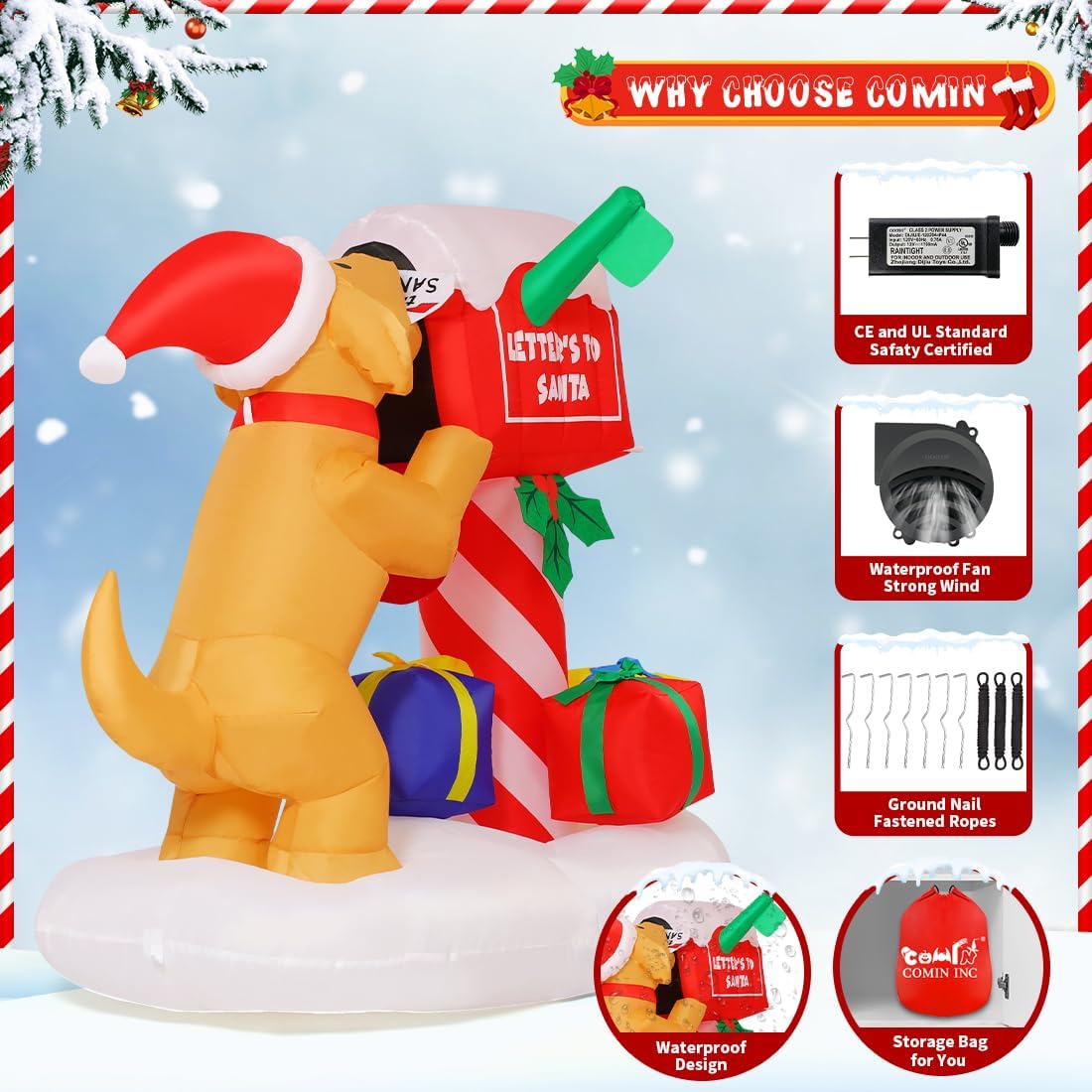 GOOSH 5FT Christmas Inflatables Blow Up Dog and Newspaper Box Inflatable with Built-in LEDs