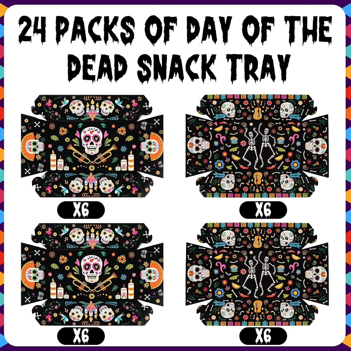 24 Pcs Day of The Dead Food Trays Sugar Skull Paper (Black)