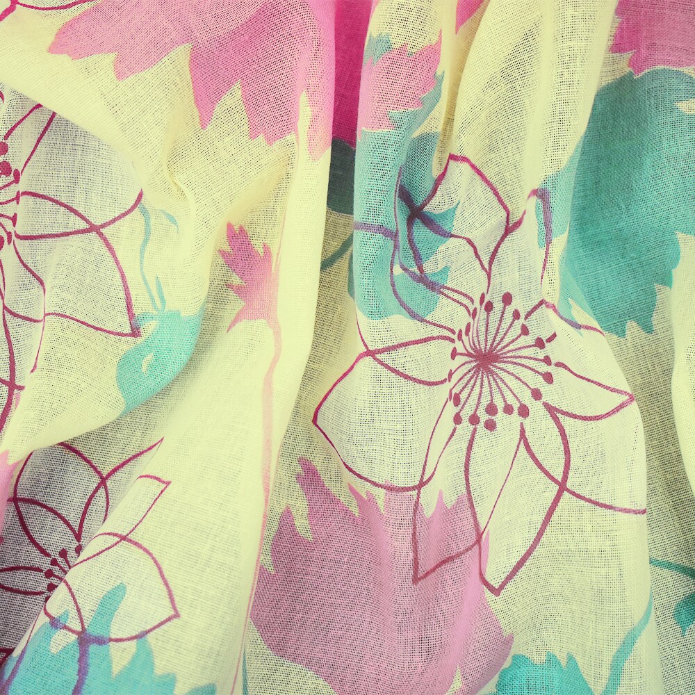 Yellow-Pink Multi Floral Printed Cotton Gauze Woven Fabric By the Yard