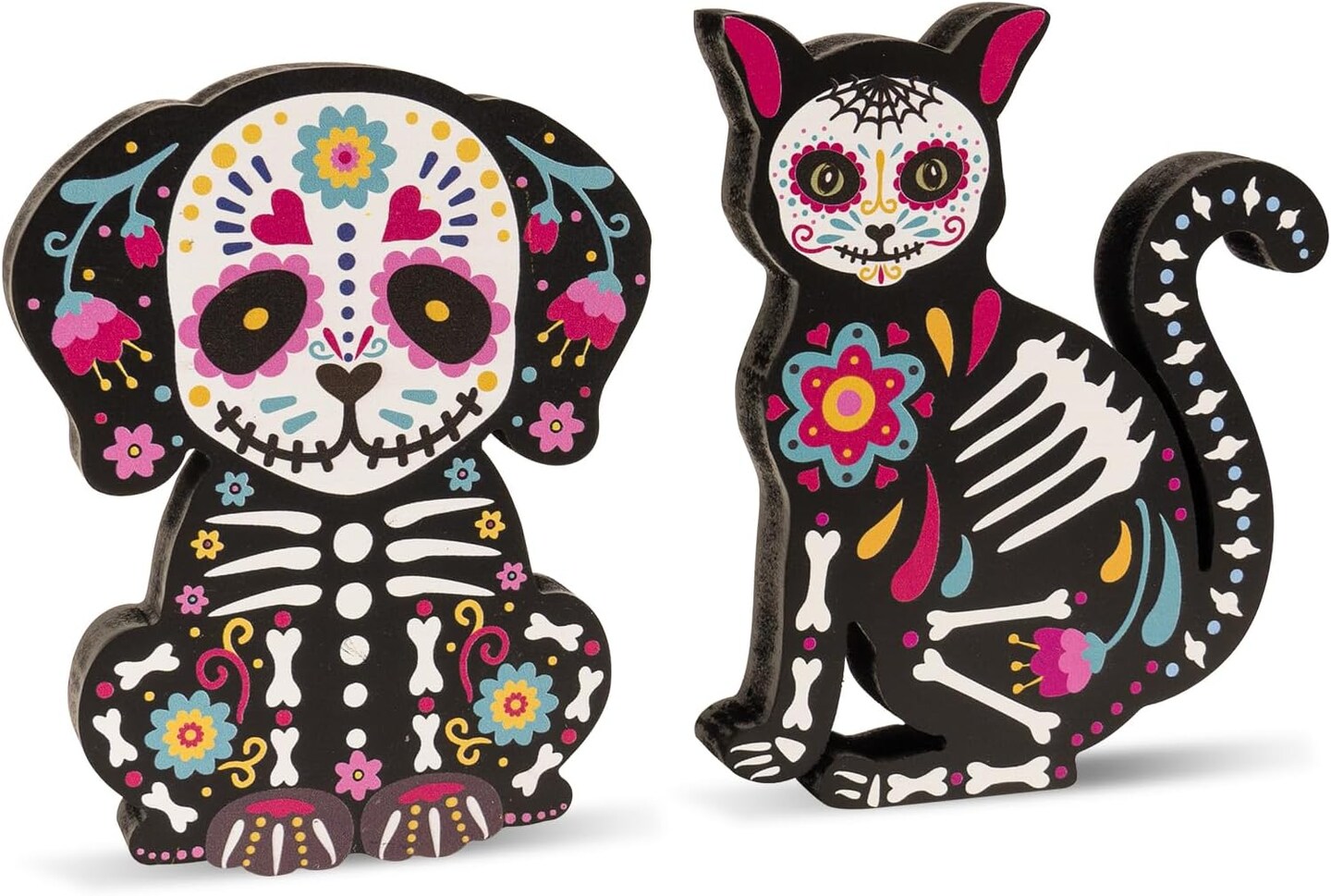 Wooden Day of The Dead Dog Cat Figurine, 2 Piece Dia De Los Muertos Ofrenda Altar Sugar Skulls Altar Table Decorations
