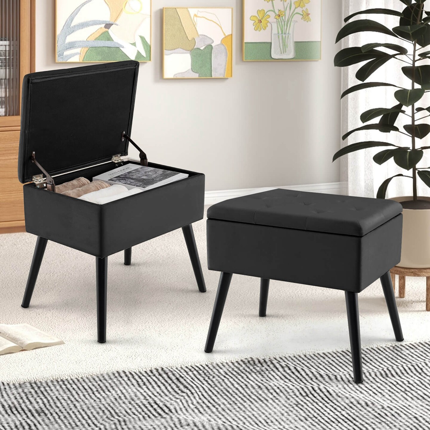 Costway Velvet Vanity Stool Ottoman with Storage Solid Wood Legs Flip-Up Top for Entryway Gray/Beige/Black