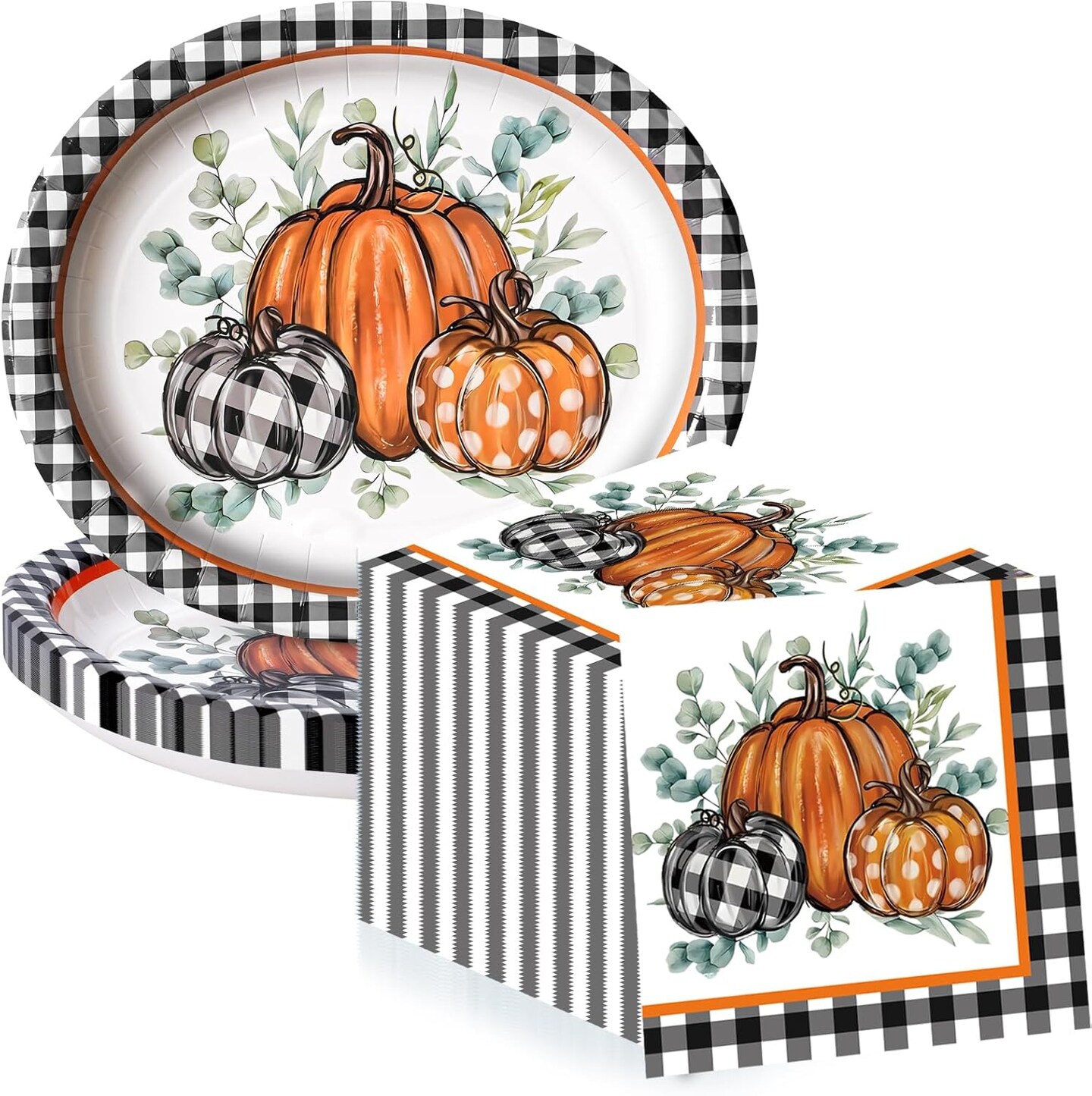 50Pcs Thanksgiving Large 12" x 10" Oval Paper Plates and Napkins (Black, White, Orange)
