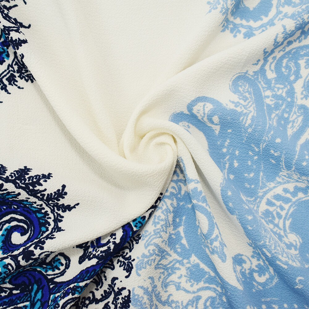 White-Blue-Black Poly Baroque Border Printed Pebble Crepe Woven Fabric By the Yard