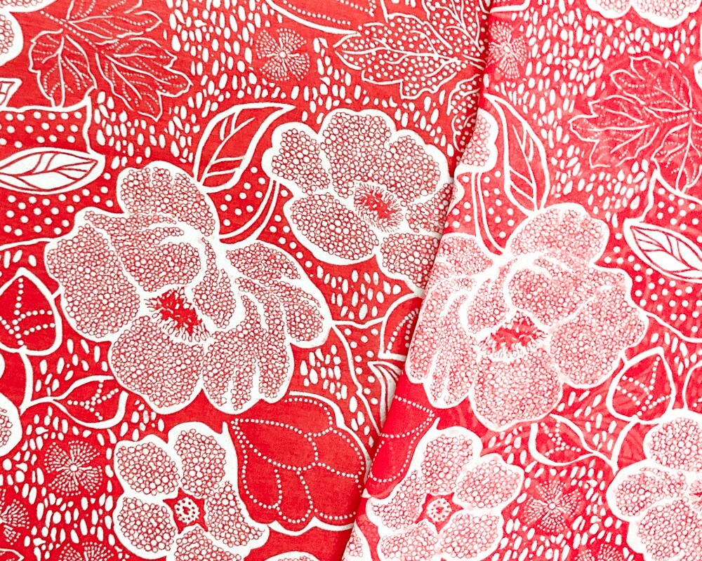 Red-White Poly Floral Printed Chiffon Woven Fabric By the Yard
