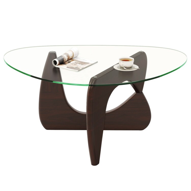 Walnut Rubber Wood Triangle Coffee Table with Tempered Glass Top and Adjustable Base