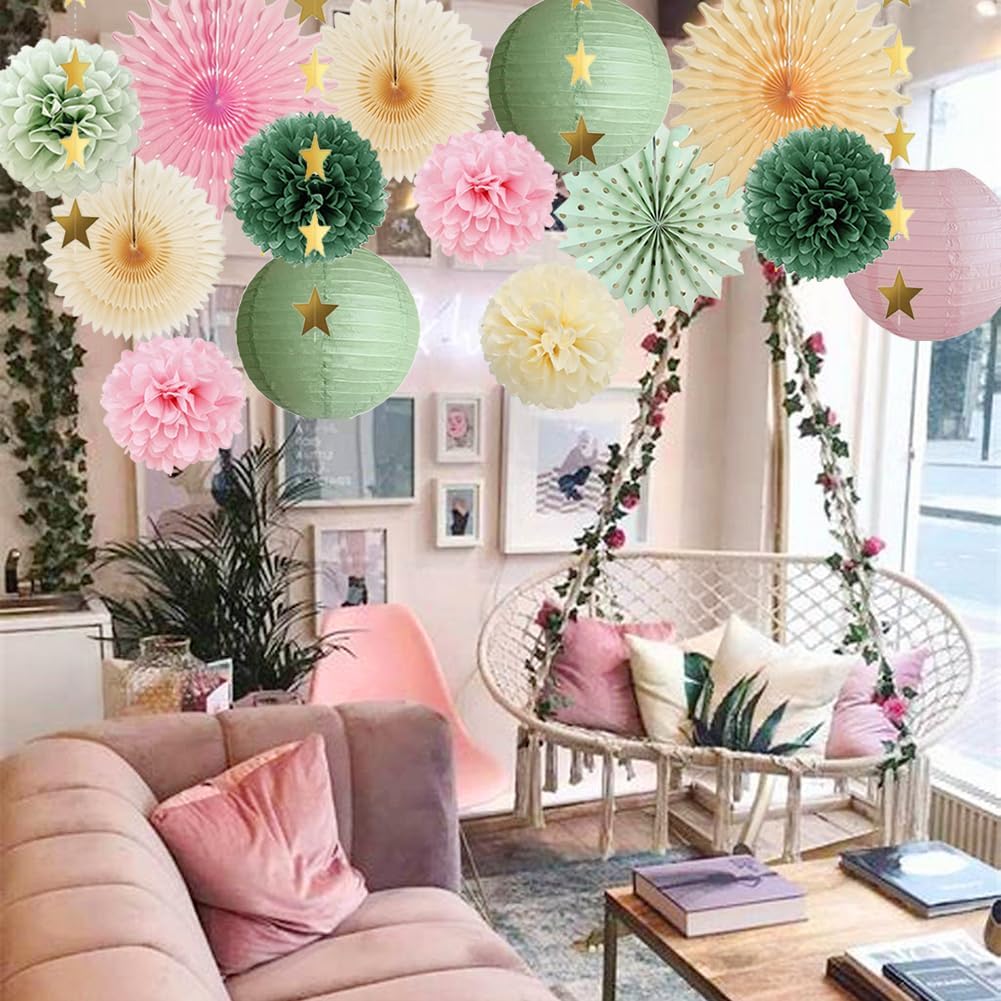 Sage Green and Pink Party Decorations Baby Shower Girl Olive Green and Light Pink Birthday Decorations Paper Lanterns Sage Beige Fans Pom Poms for Bridal Shower Wedding Engagement Nursery Decor