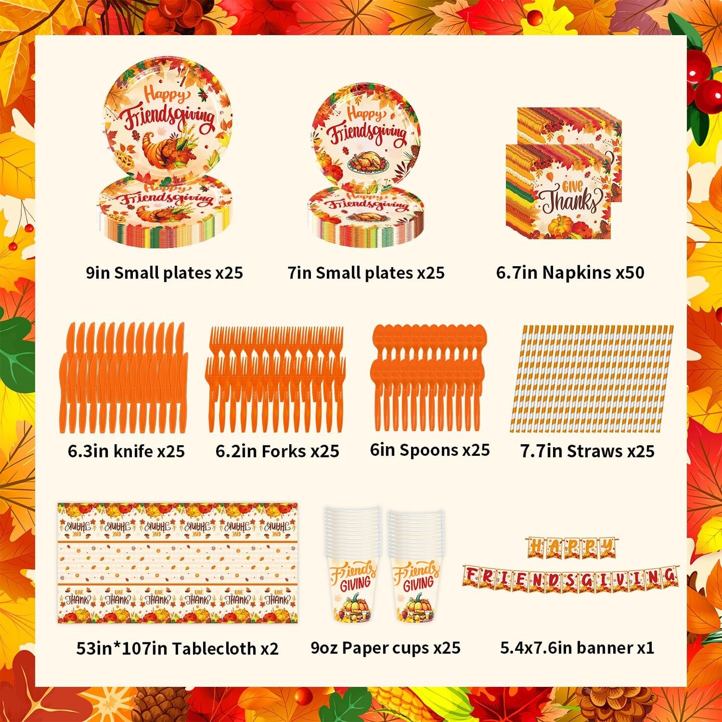 Thanksgiving Party Tableware Set - Plates, Tablecloth, Garland Banner, Cutlery - Serves 25 Guests