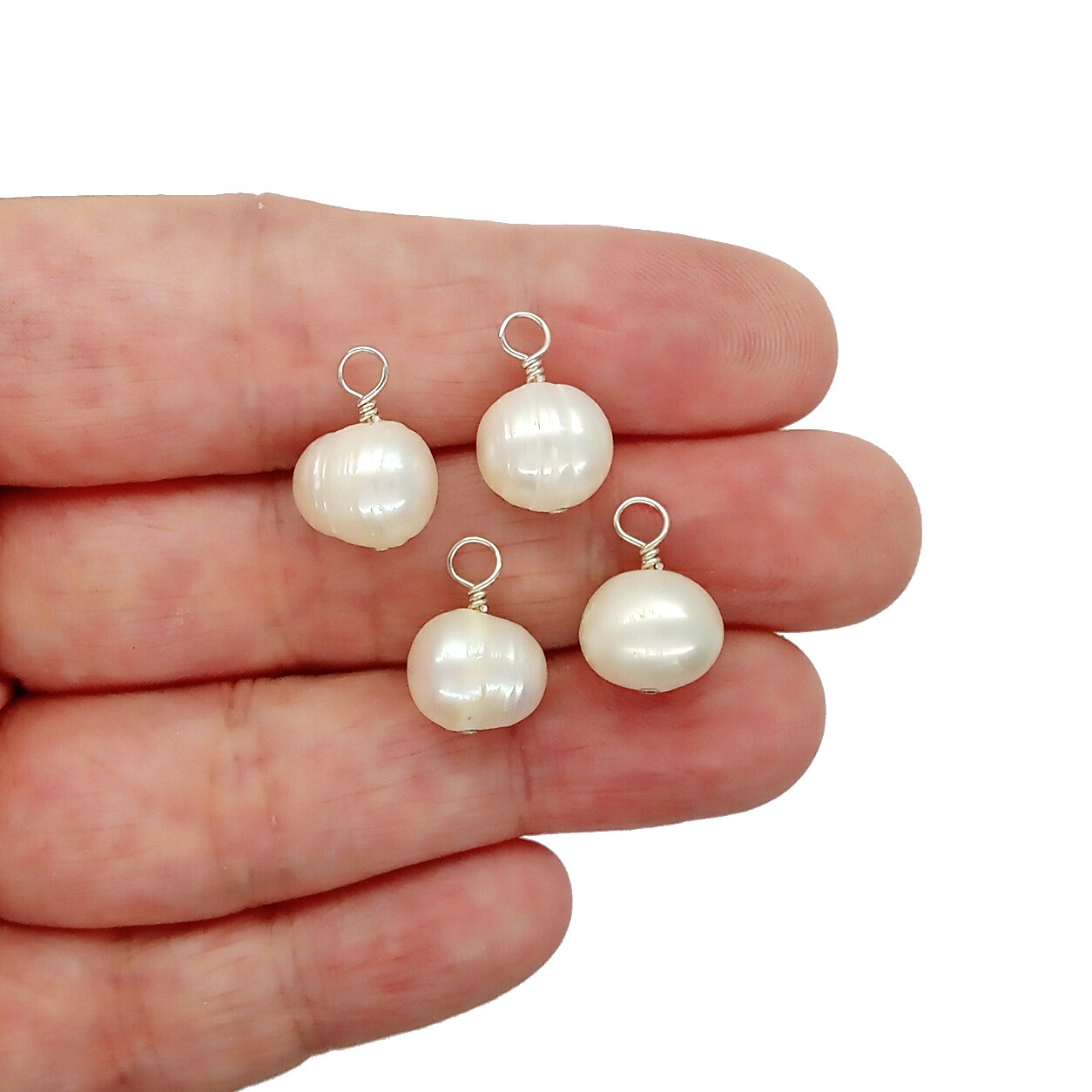 Natural Freshwater Pearl Dangle Charms with Sterling Silver Wire, 4 pcs, Adorabilities