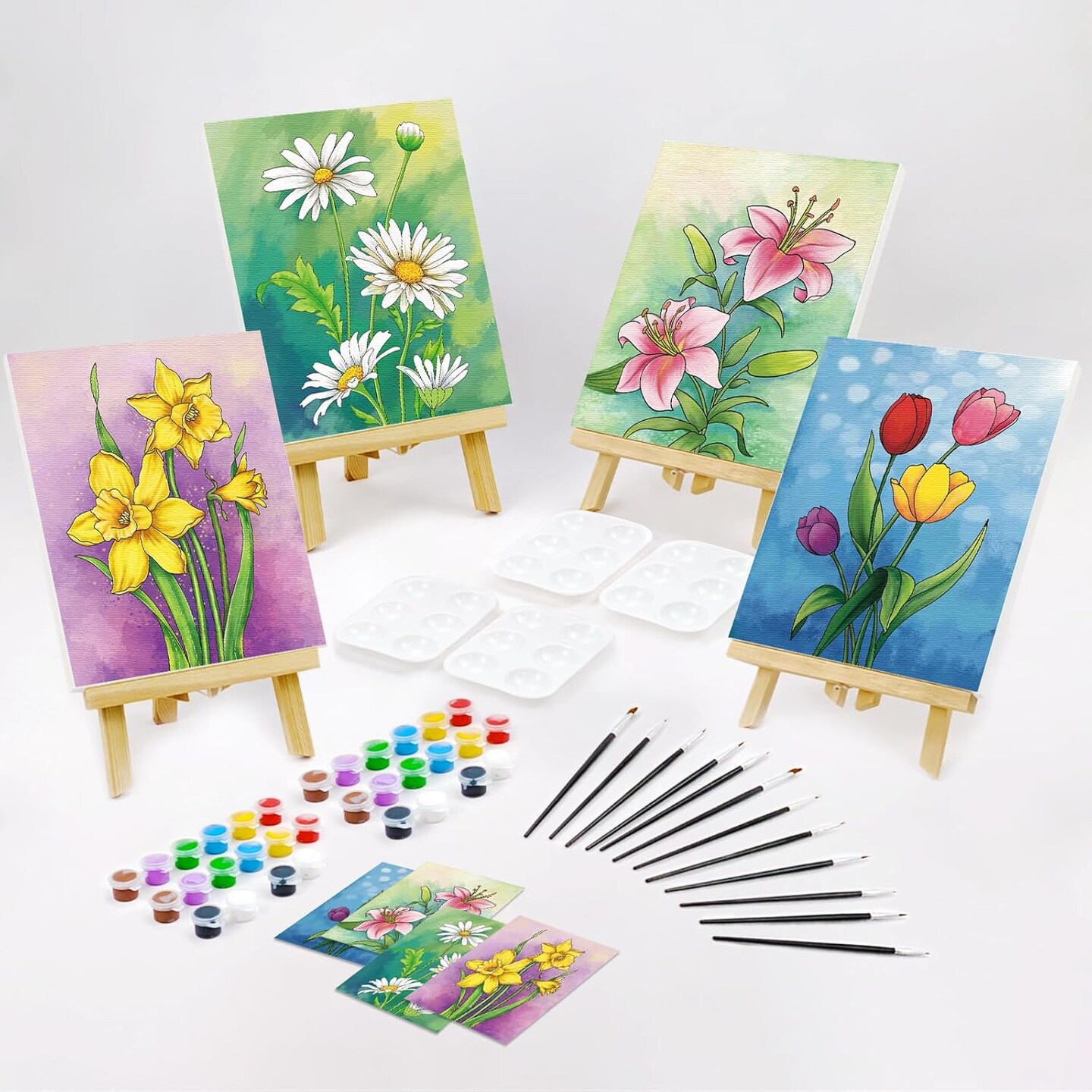 4 Pack Sip and Paint Kit, Pre Drawn Canvas for Painting for Adults Kids Pre Printed Canvas to Paint Party Supplies Girls Night Games Date Night Art Set Flower Theme 8x10 in