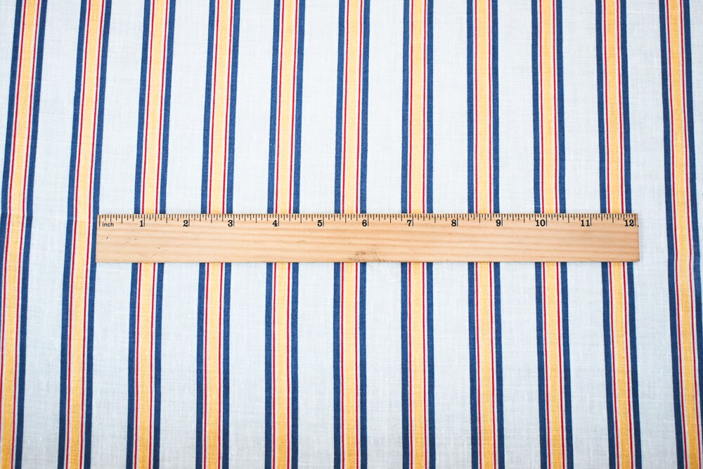 Blue-Red-Yellow Stripe Printed Linen Woven Fabric By the Yard