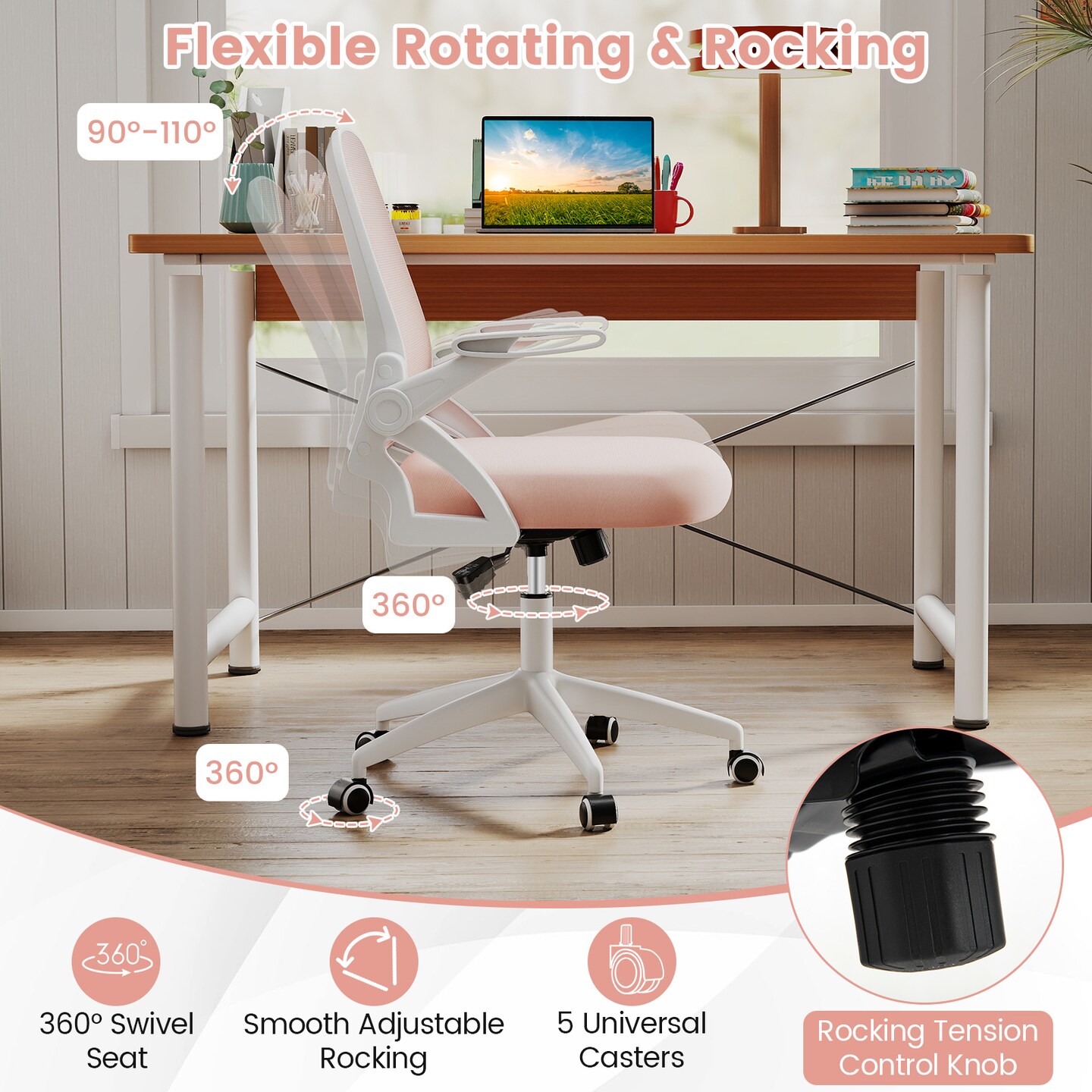 Adjustable Height Computer Desk Chair with S-Shaped Backrest and Lumbar Support for Study or Gaming