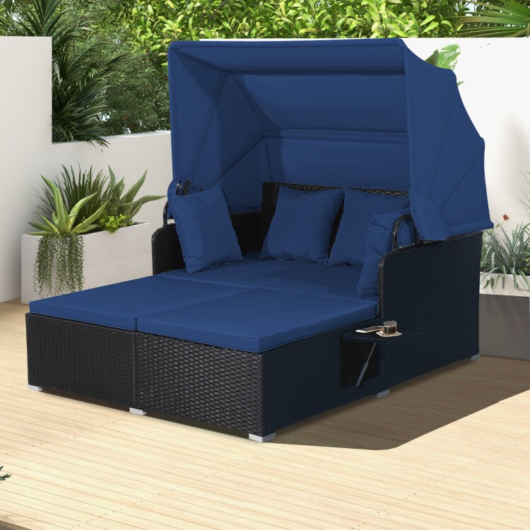 Outdoor Rattan Daybed With Canopy PE Wicker Patio Lounge Sofa Set With Cushions Poolside Garden Double Sun Bed Furniture