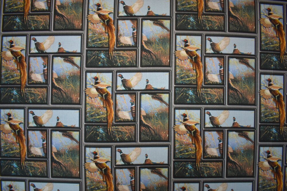 Blue-Brown-Multi Cotton Pheasant Flying High Printed Quilting Woven Fabric By the Yard