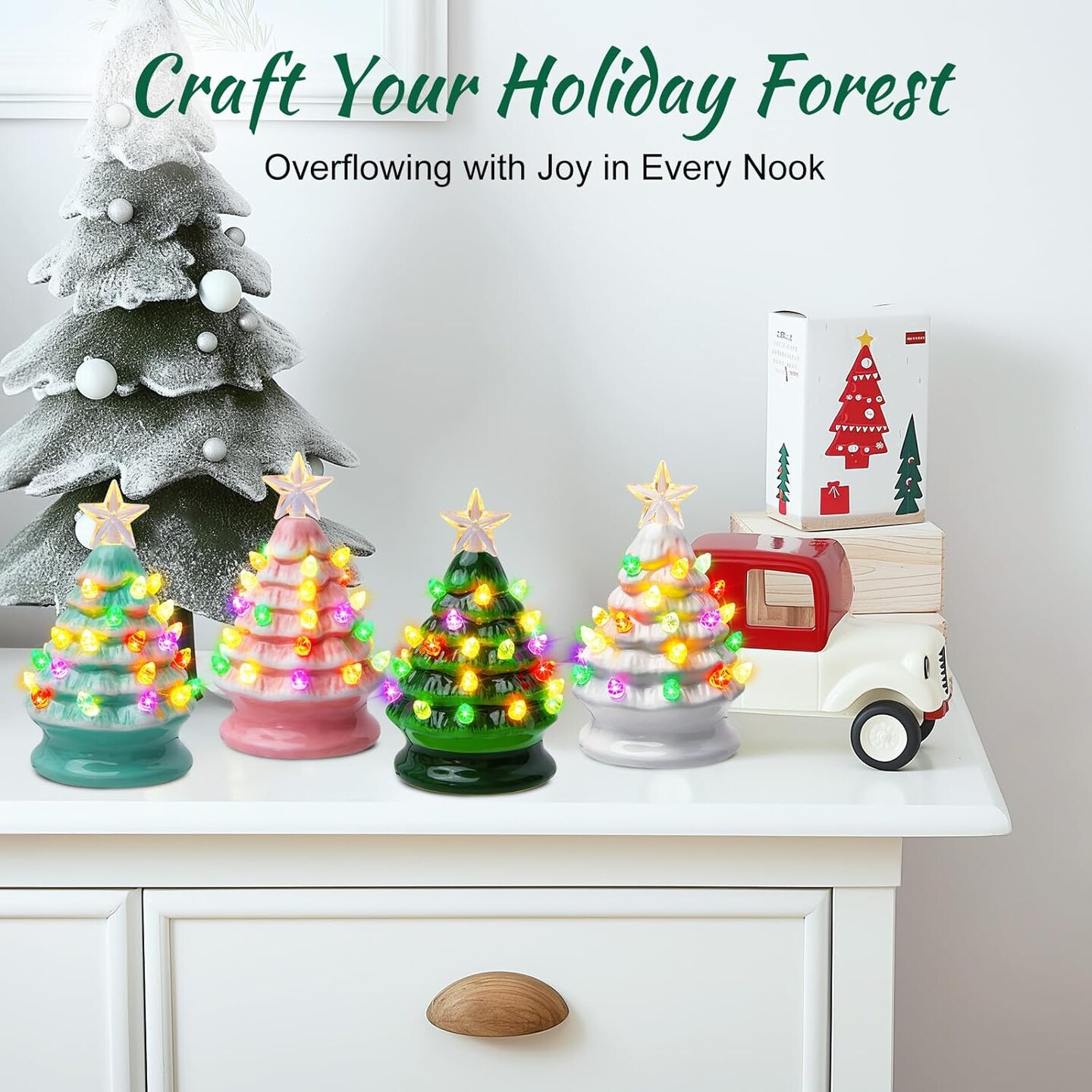 5 Inch Mini Ceramic Christmas Tree(	White + Green + Pink + Light Green)