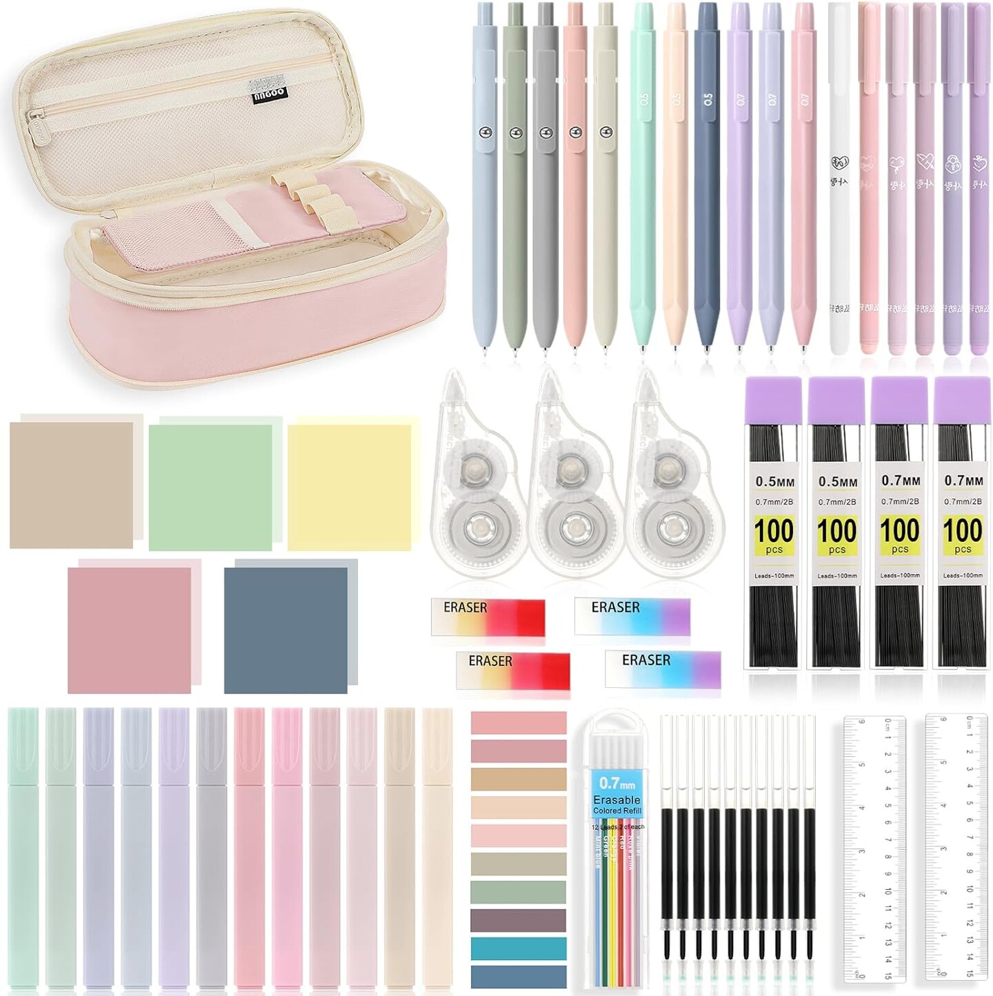 60Pcs Aesthetic School Supplies with Cute Pencil Case,12 Pastel Highlighters (Pink)