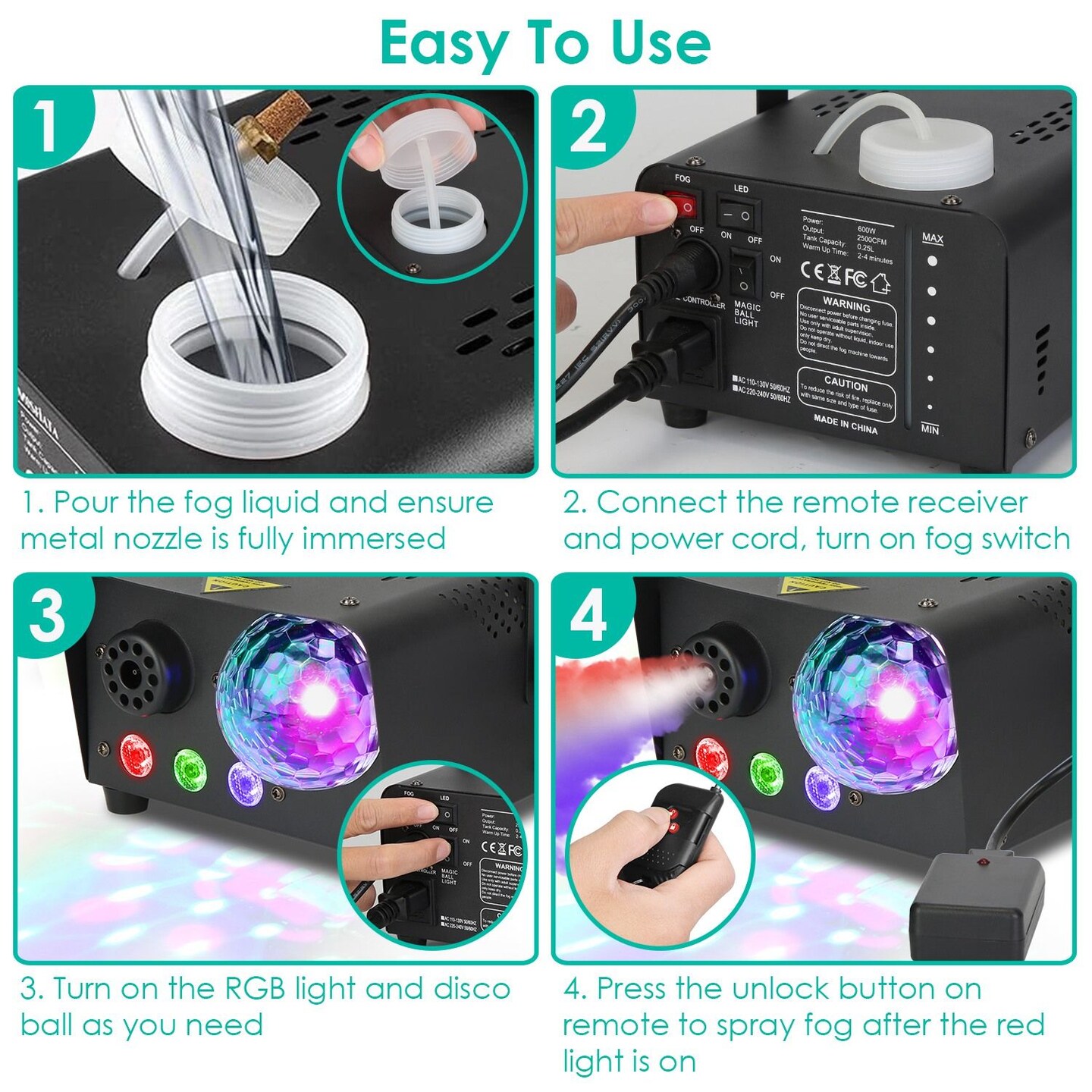 Fog Machine with Disco Ball RGB Lights 600W 6000CFM Smoke Machine with 8 Colorful Lighting Effects Wireless Remote Control for Party Wedding Stage Halloween Christmas GPCT5250