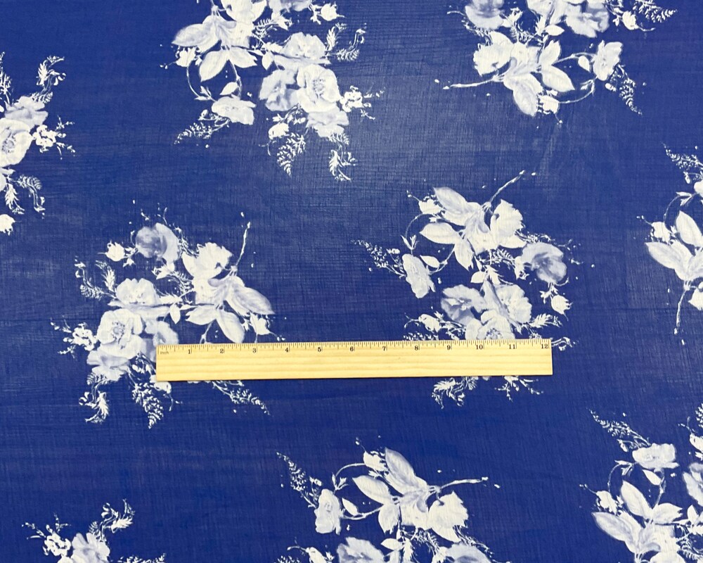 Blue-White Poly Floral Printed Chiffon Woven Fabric By the Yard