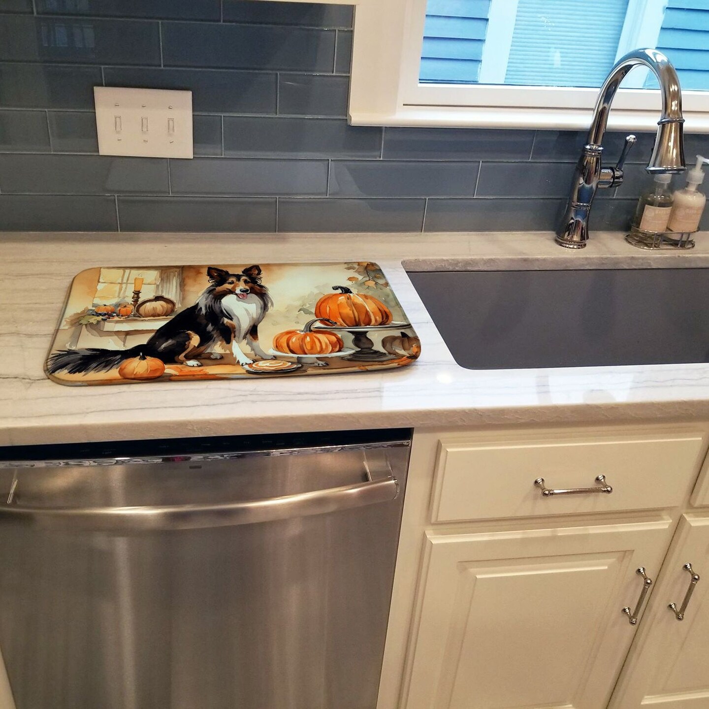 Edge Collections - 14" x 22" - Multicolor - Collie Fall Dish Drying Mat Pad - 1 Piece