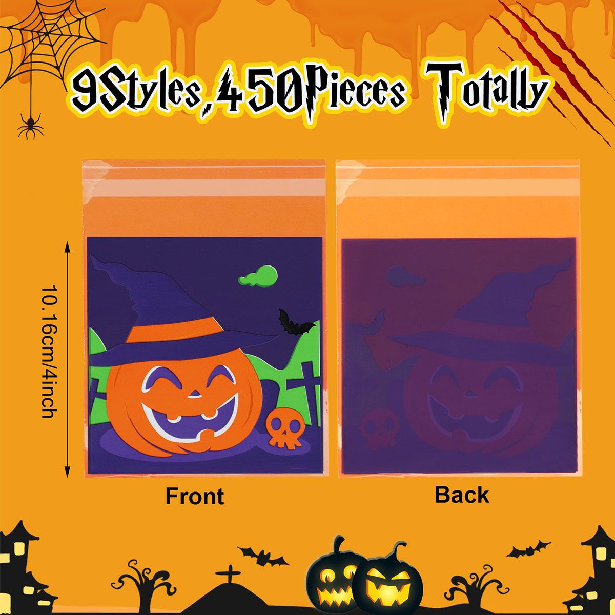 450 Pcs Halloween Cellophane Treat Bags  Self-sealing Clear Candy Cookie Bags Pumpkin Ghost Black Cat Skull Trick or Treat Bags for Halloween Birthday Trick or Treat Party Favors Supplies