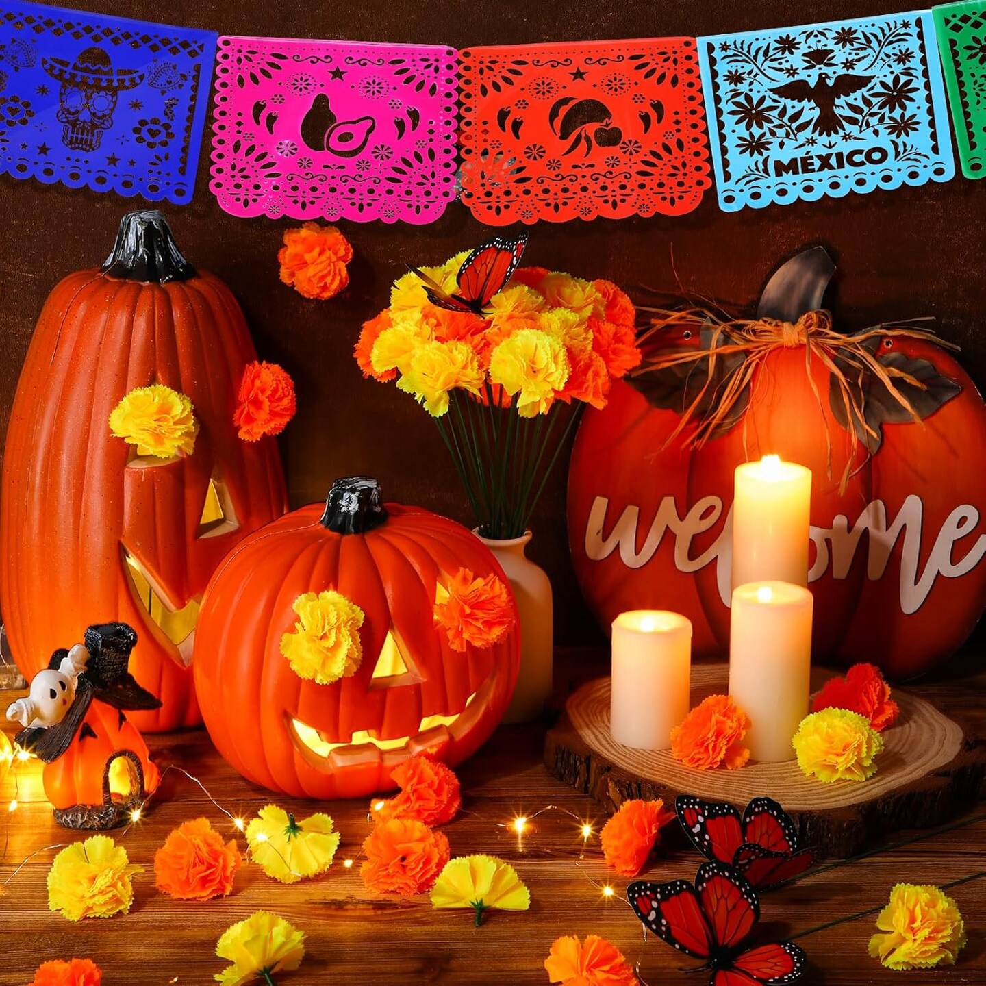 120 Pcs Day of The Dead Decorations - Flowers with Butterflies (Orange, Yellow)