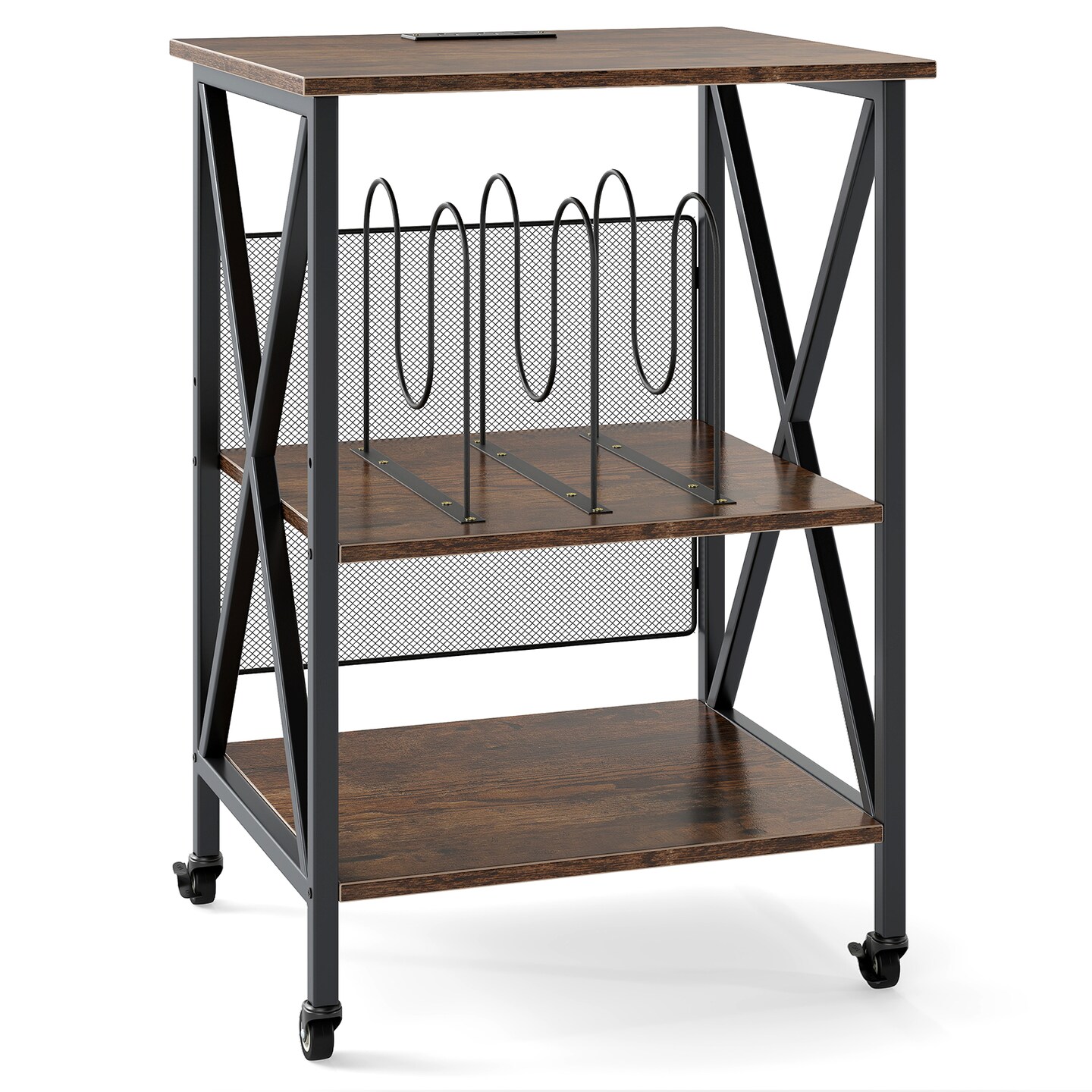 Rustic Brown and Black Engineered Wood Side Table with USB and Vinyl Shelf